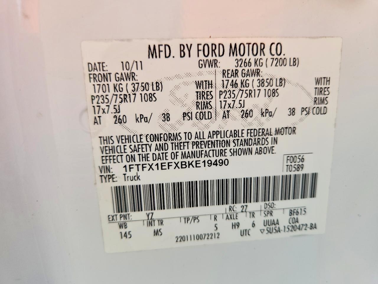 2011 Ford F150 Super Cab White vin: 1FTFX1EFXBKE19490