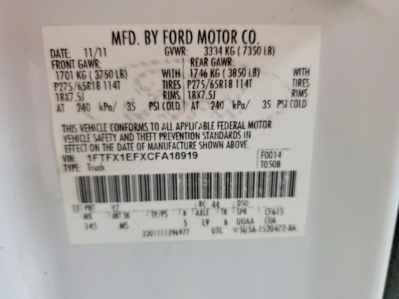 2012 Ford F150 Super Cab White vin: 1FTFX1EFXCFA18919