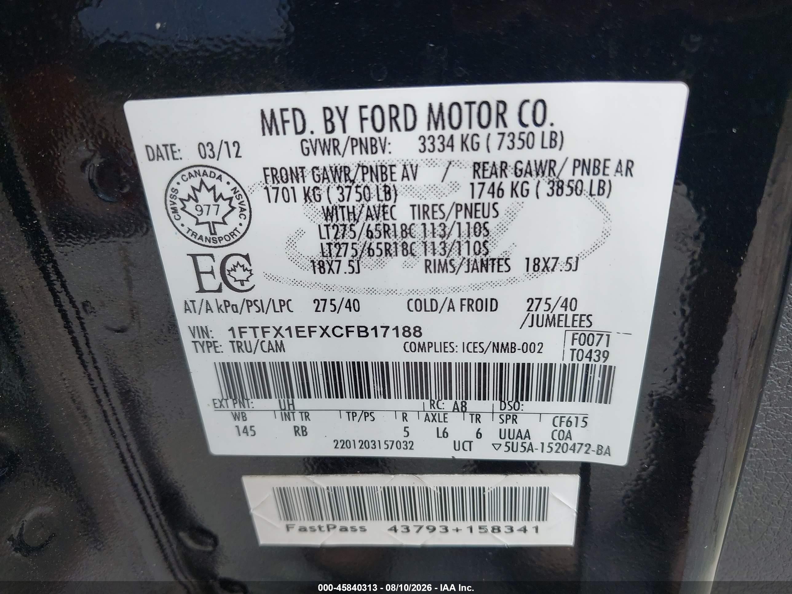 2012 Ford F-150 Fx4 Black vin: 1FTFX1EFXCFB17188