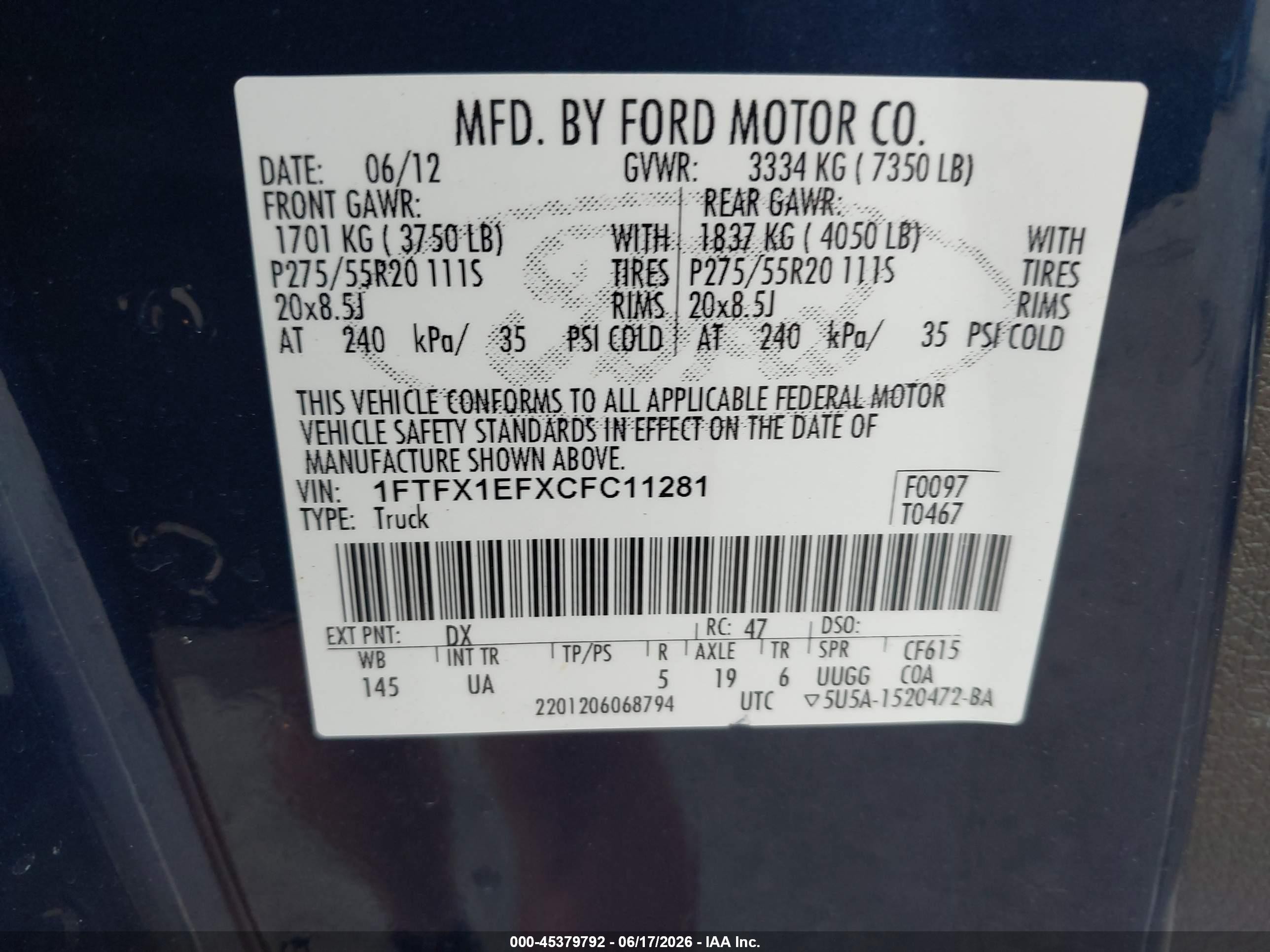 2012 Ford F-150 Xlt Синий vin: 1FTFX1EFXCFC11281