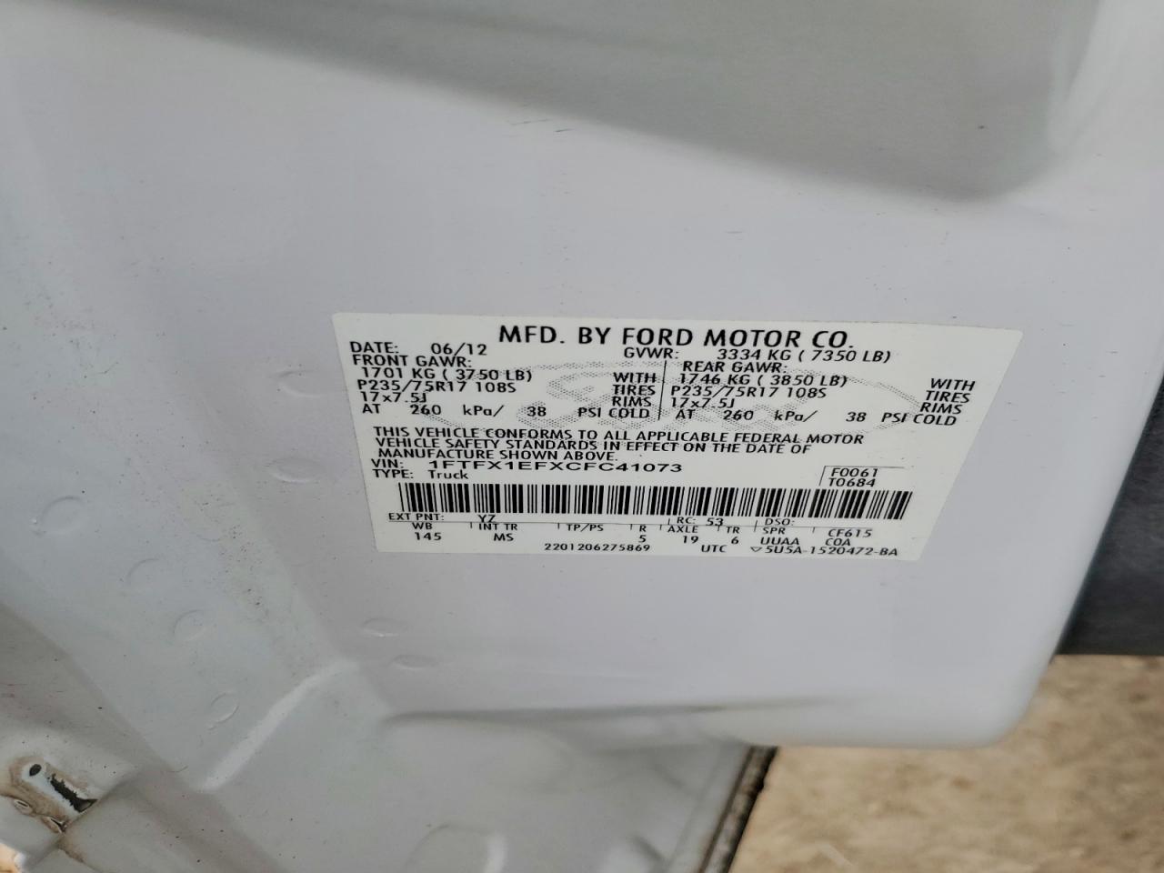 2012 Ford F150 Super Cab White vin: 1FTFX1EFXCFC41073