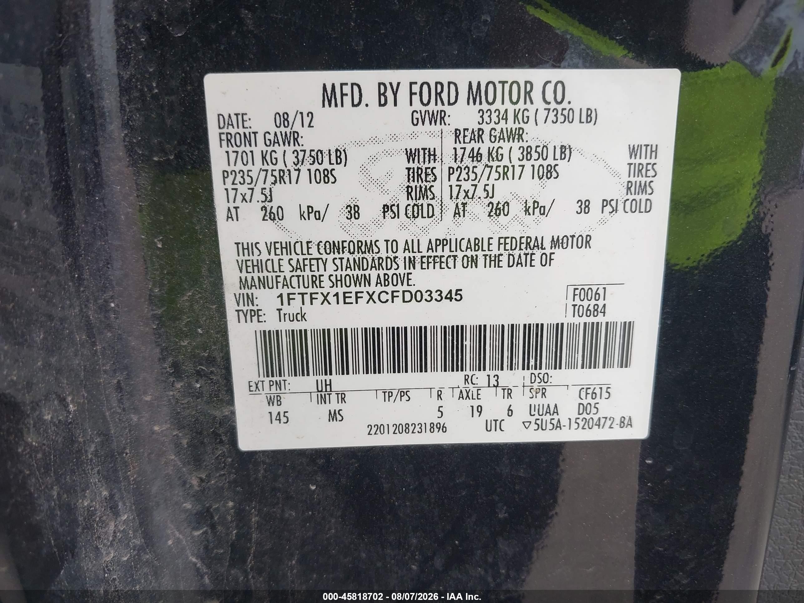 2012 Ford F-150 Xlt Black vin: 1FTFX1EFXCFD03345