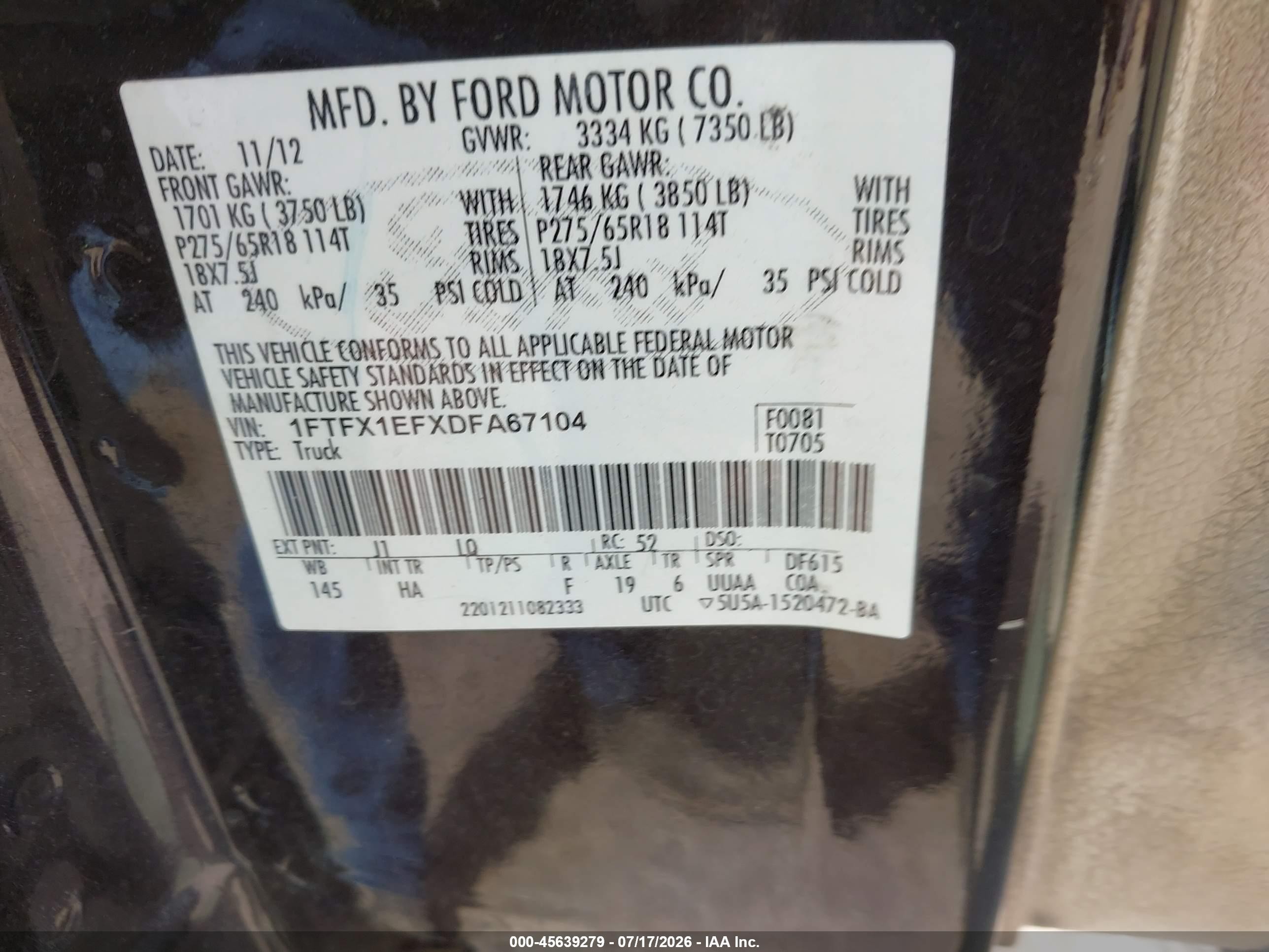 2013 Ford F-150 Lariat Black vin: 1FTFX1EFXDFA67104