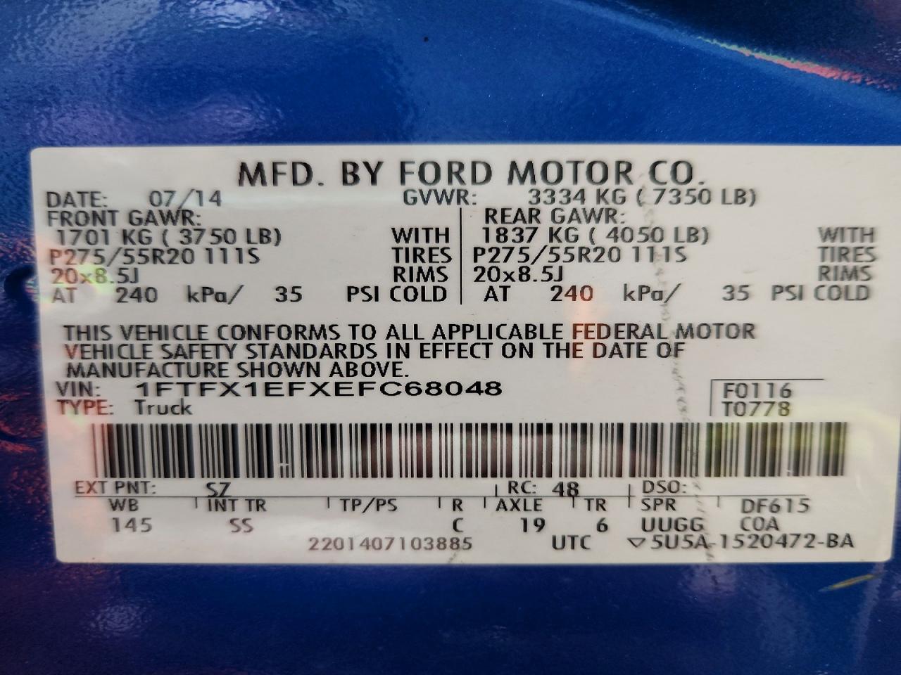 2014 Ford F150 Super Cab Blue vin: 1FTFX1EFXEFC68048