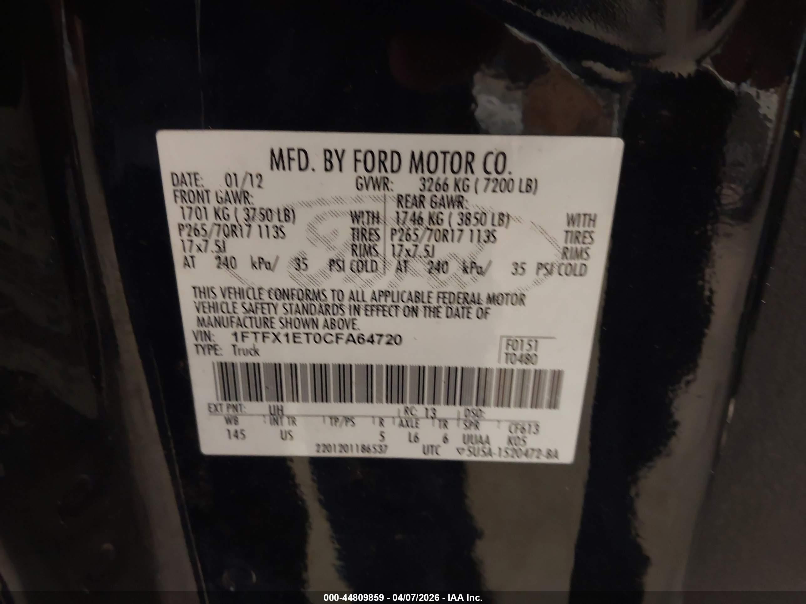 2012 Ford F-150 Xlt Black vin: 1FTFX1ET0CFA64720