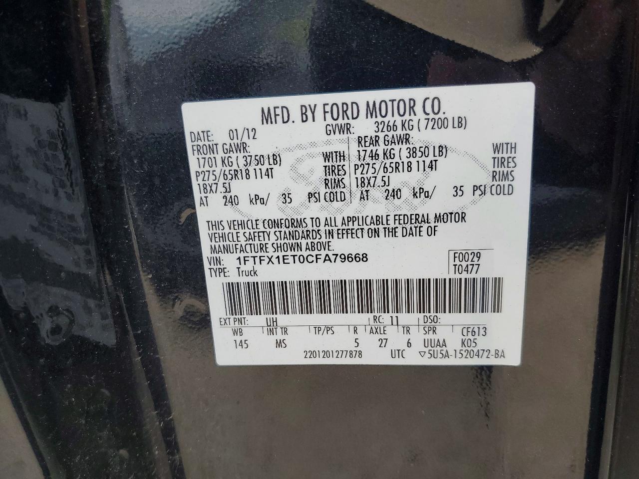 2012 Ford F150 Super Cab Black vin: 1FTFX1ET0CFA79668