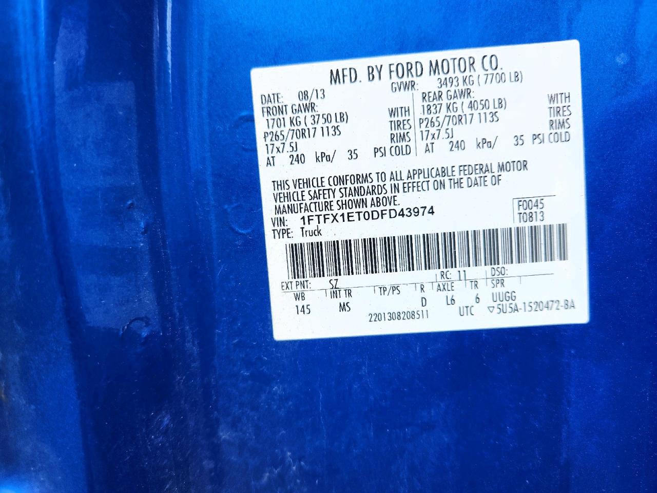 2013 Ford F150 Super Cab Blue vin: 1FTFX1ET0DFD43974