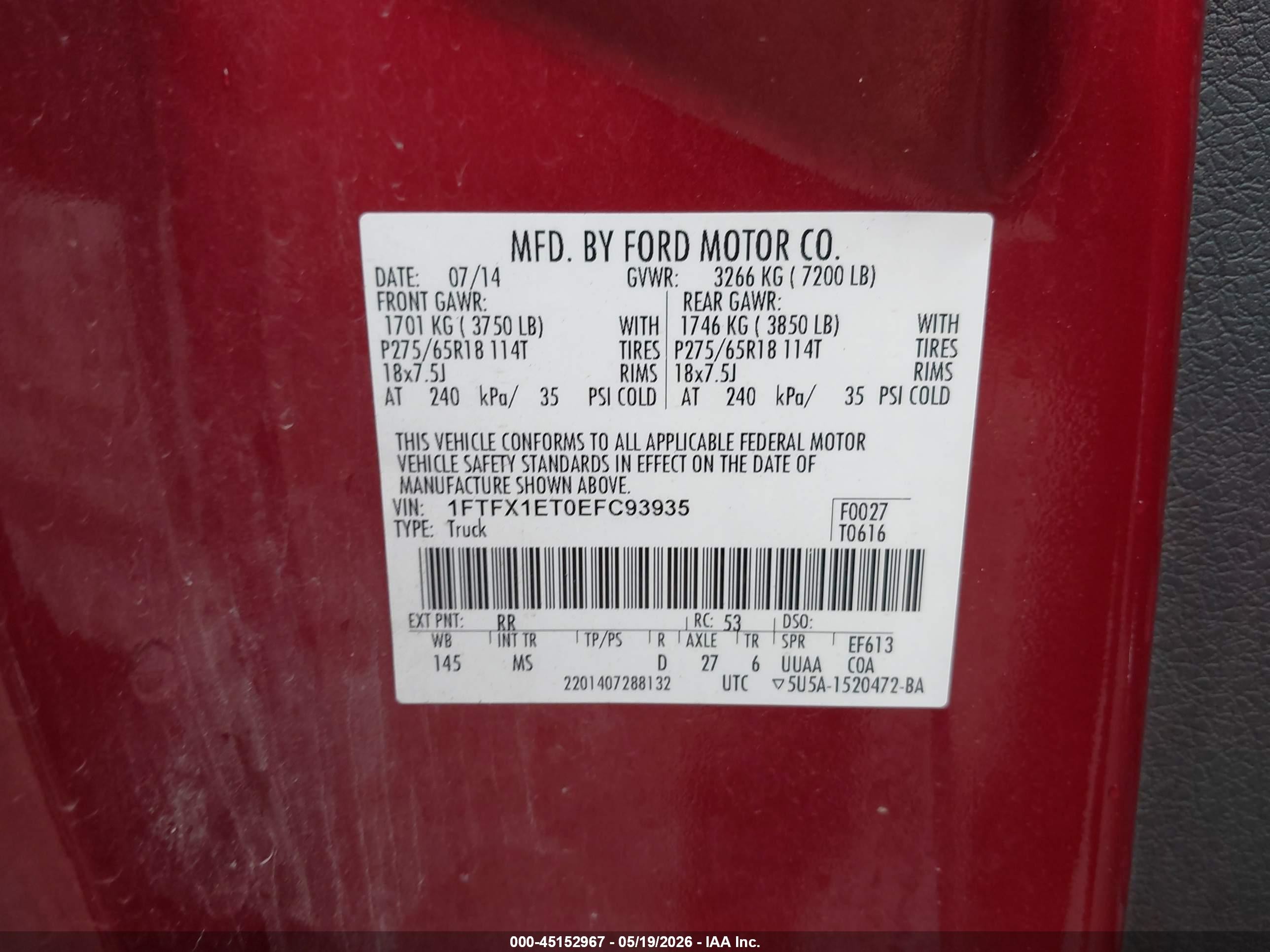 2014 Ford F-150 Xlt Red vin: 1FTFX1ET0EFC93935