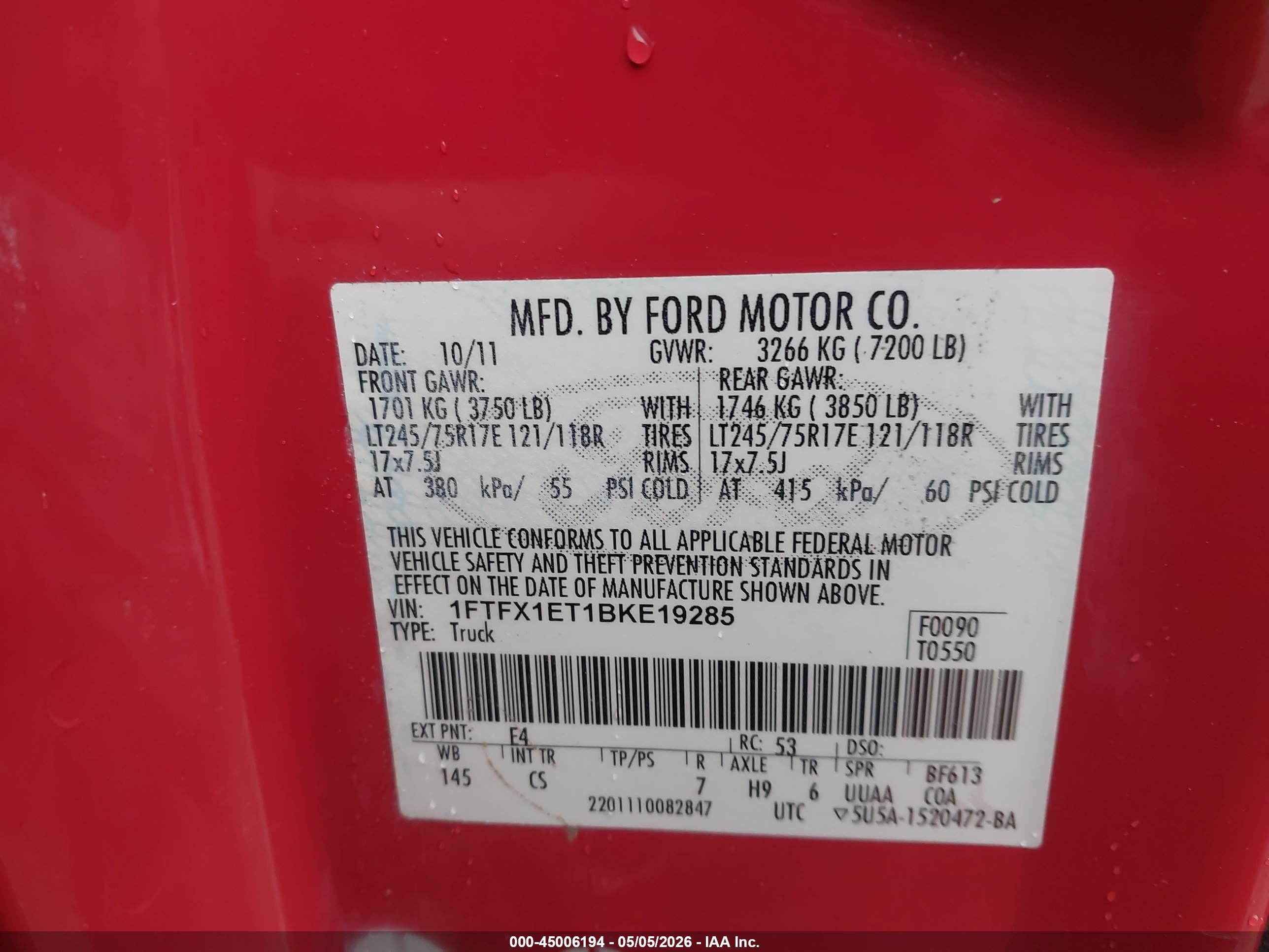 2011 Ford F-150 Fx4/lariat/xl/xlt Red vin: 1FTFX1ET1BKE19285