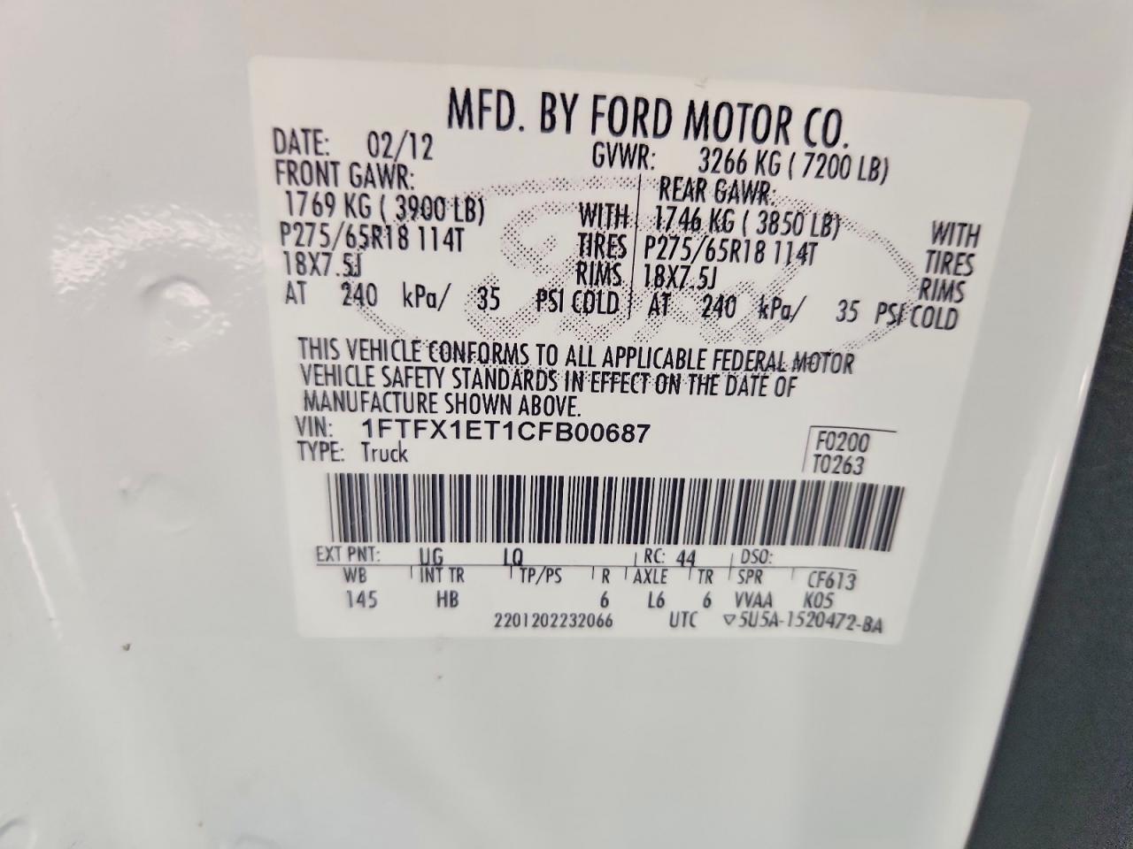 2012 Ford F150 Super Cab White vin: 1FTFX1ET1CFB00687