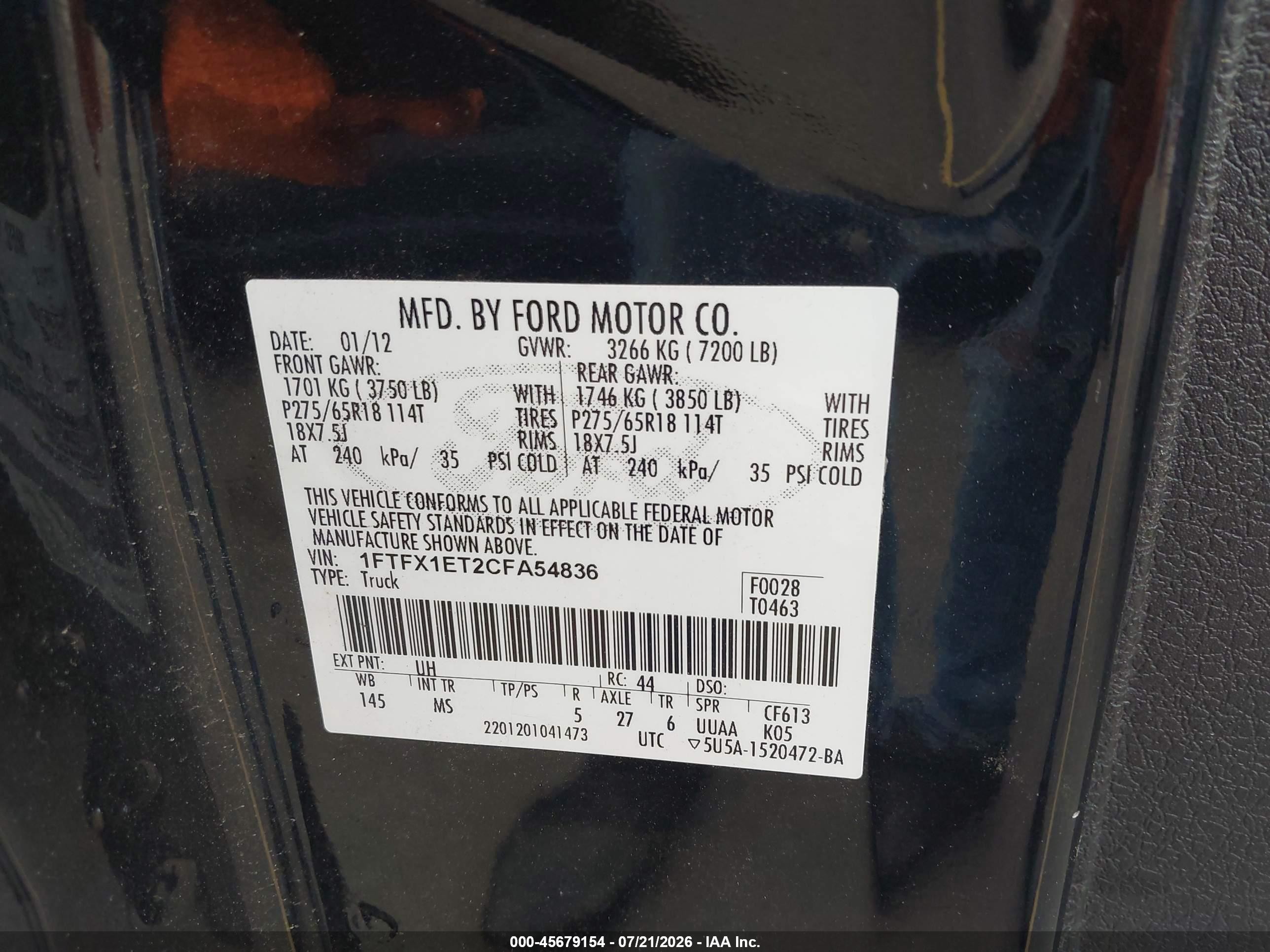 2012 Ford F-150 Xlt Black vin: 1FTFX1ET2CFA54836