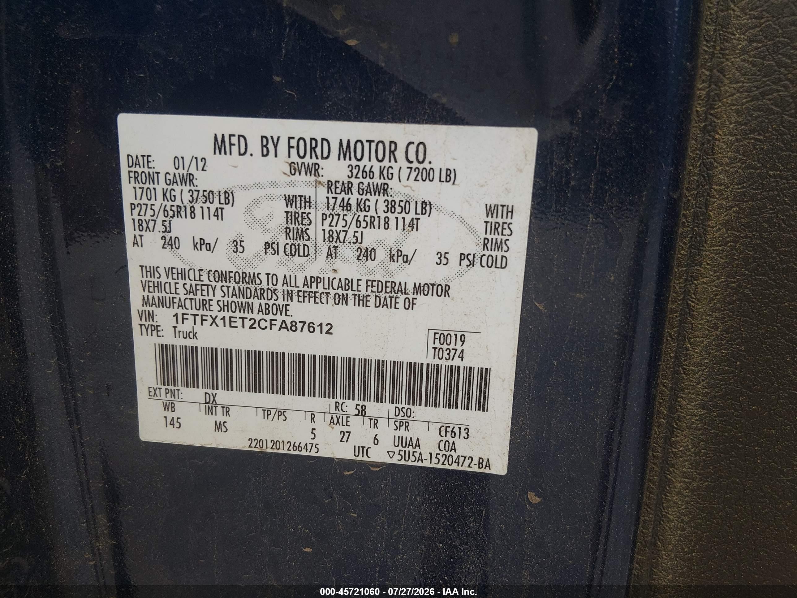 2012 Ford F-150 Xlt Blue vin: 1FTFX1ET2CFA87612