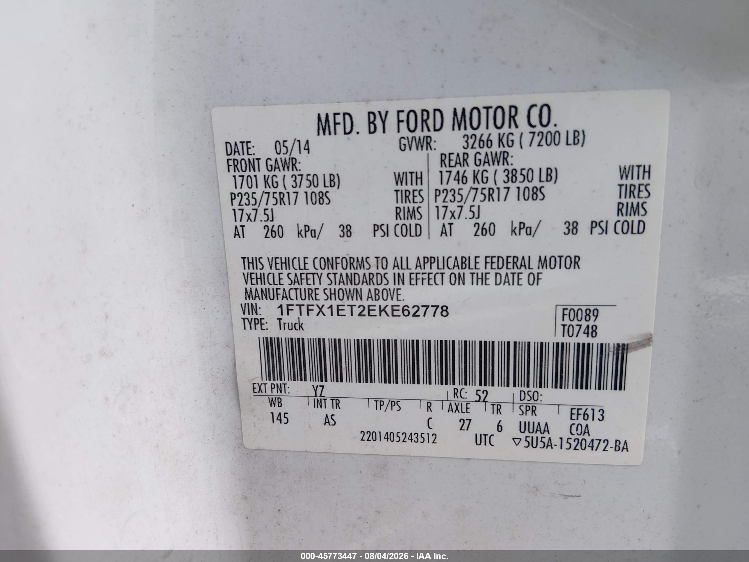2014 Ford F-150 Xl White vin: 1FTFX1ET2EKE62778