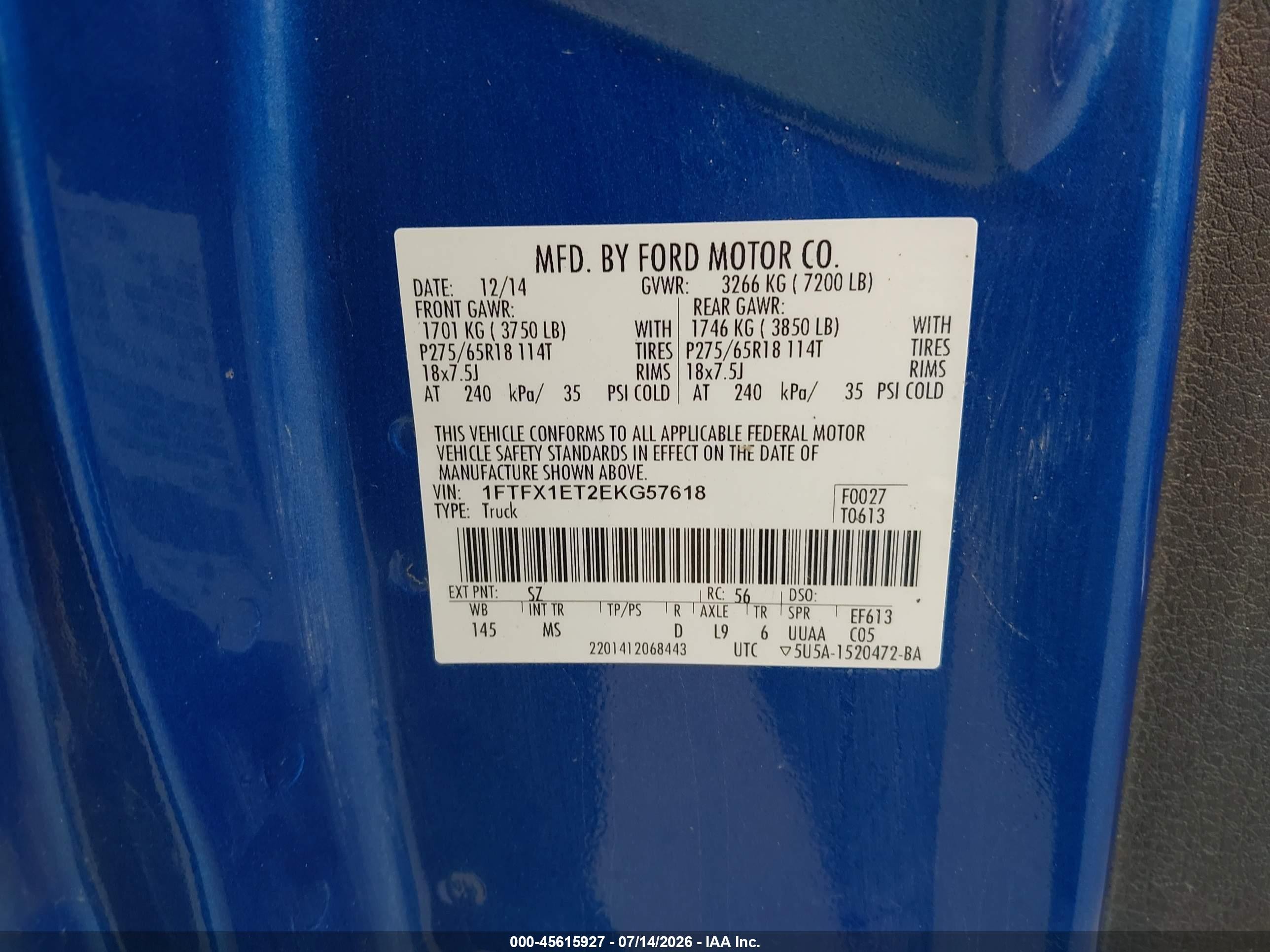 2014 Ford F-150 Fx4/lariat/xl/xlt Синий vin: 1FTFX1ET2EKG57618