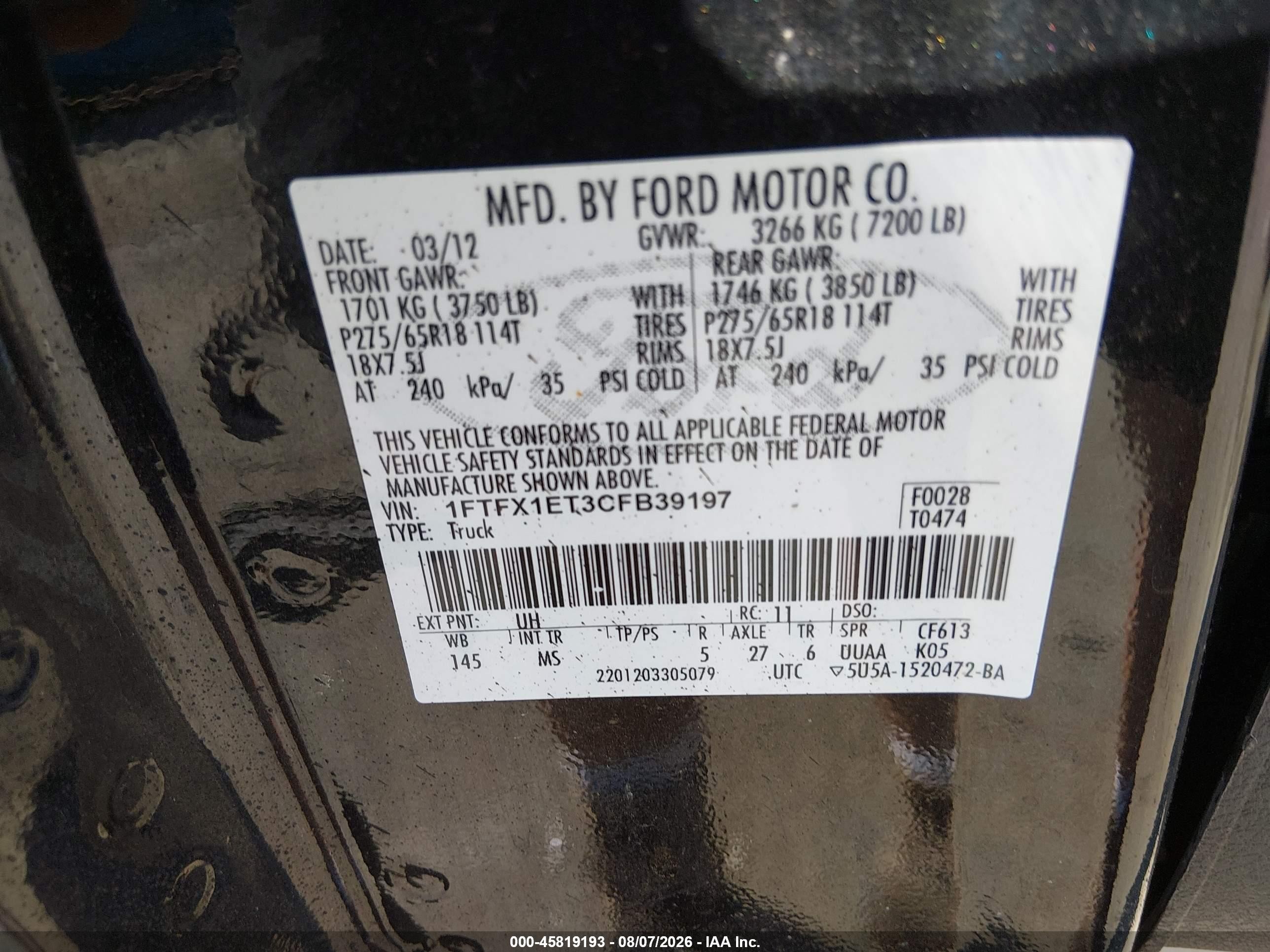 2012 Ford F-150 Xlt Black vin: 1FTFX1ET3CFB39197