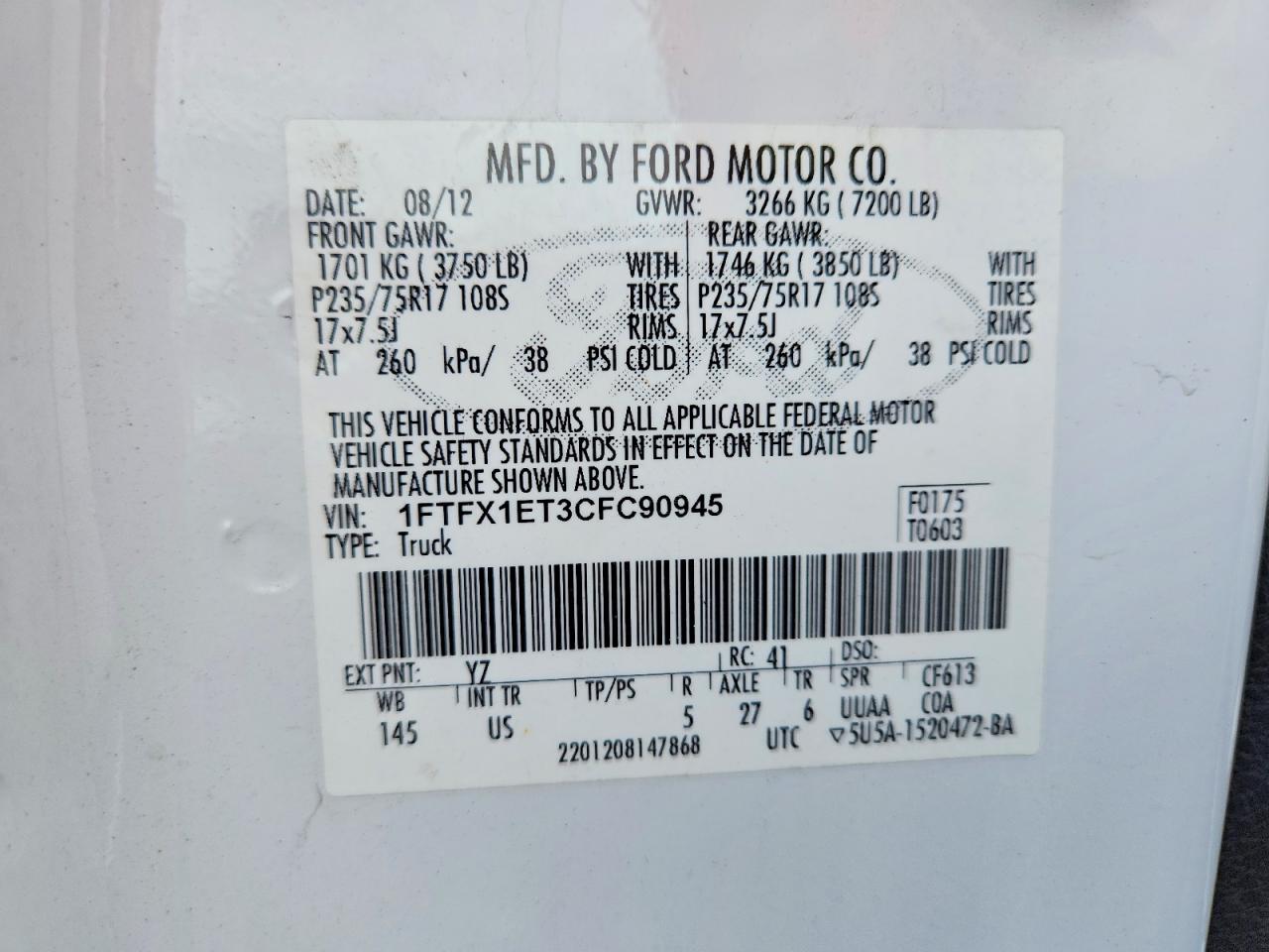 2012 Ford F150 Super Cab White vin: 1FTFX1ET3CFC90945