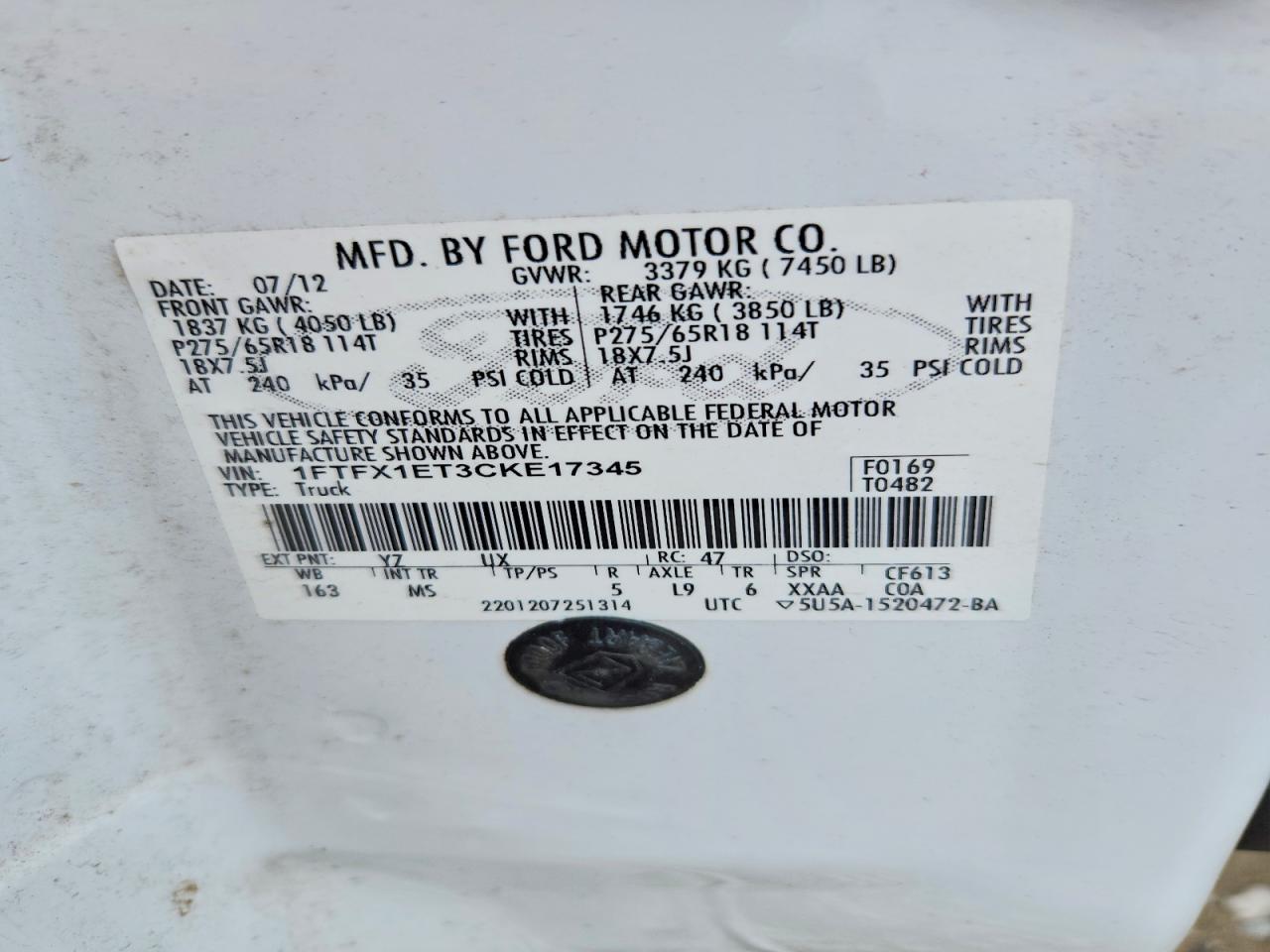 2012 Ford F150 White vin: 1FTFX1ET3CKE17345
