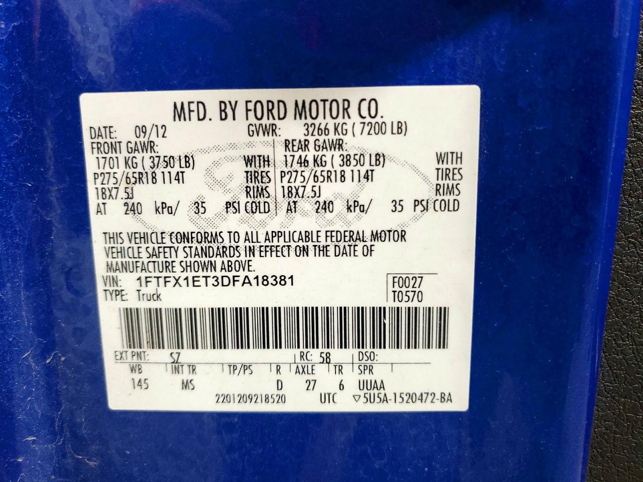 2013 Ford F150 Super Cab Blue vin: 1FTFX1ET3DFA18381