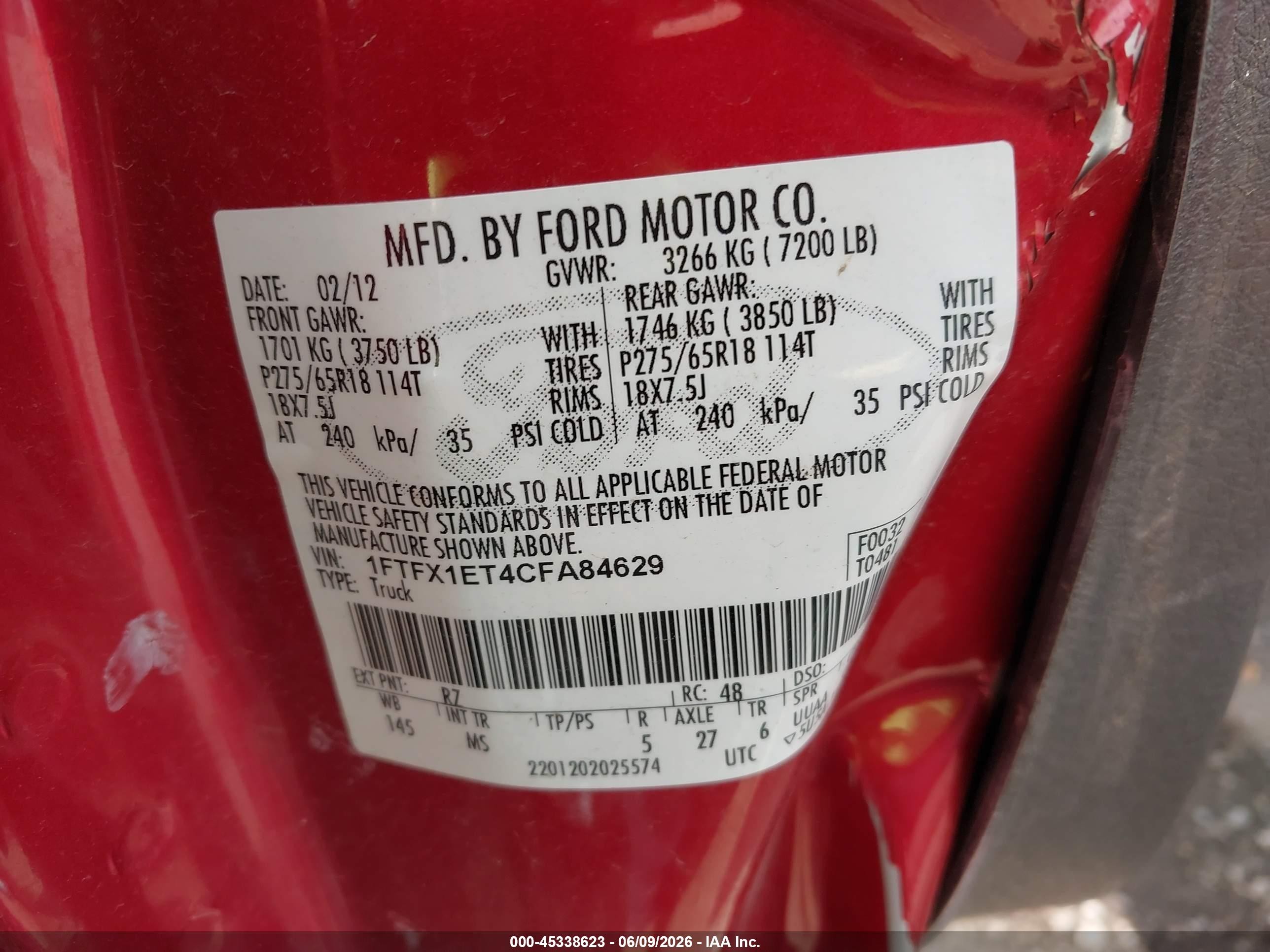 2012 Ford F-150 Xlt Red vin: 1FTFX1ET4CFA84629
