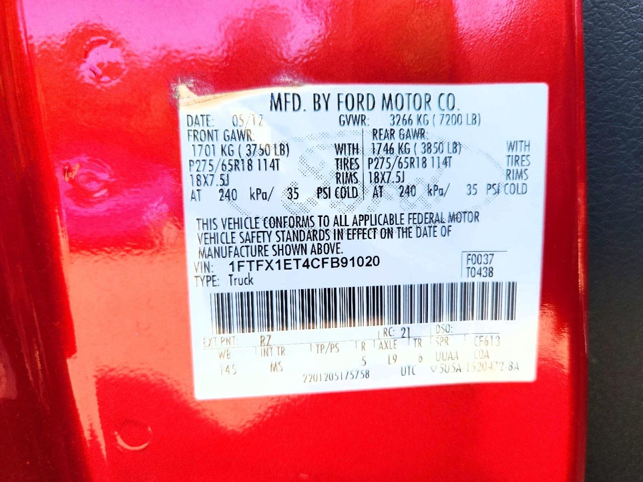 2012 Ford F150 Super Cab Red vin: 1FTFX1ET4CFB91020