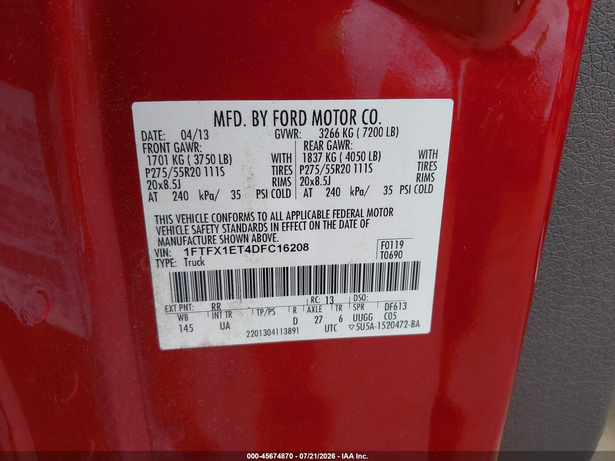 2013 Ford F-150 Xlt Red vin: 1FTFX1ET4DFC16208