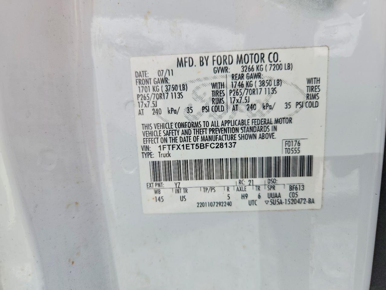 2011 Ford F150 Super Cab White vin: 1FTFX1ET5BFC28137