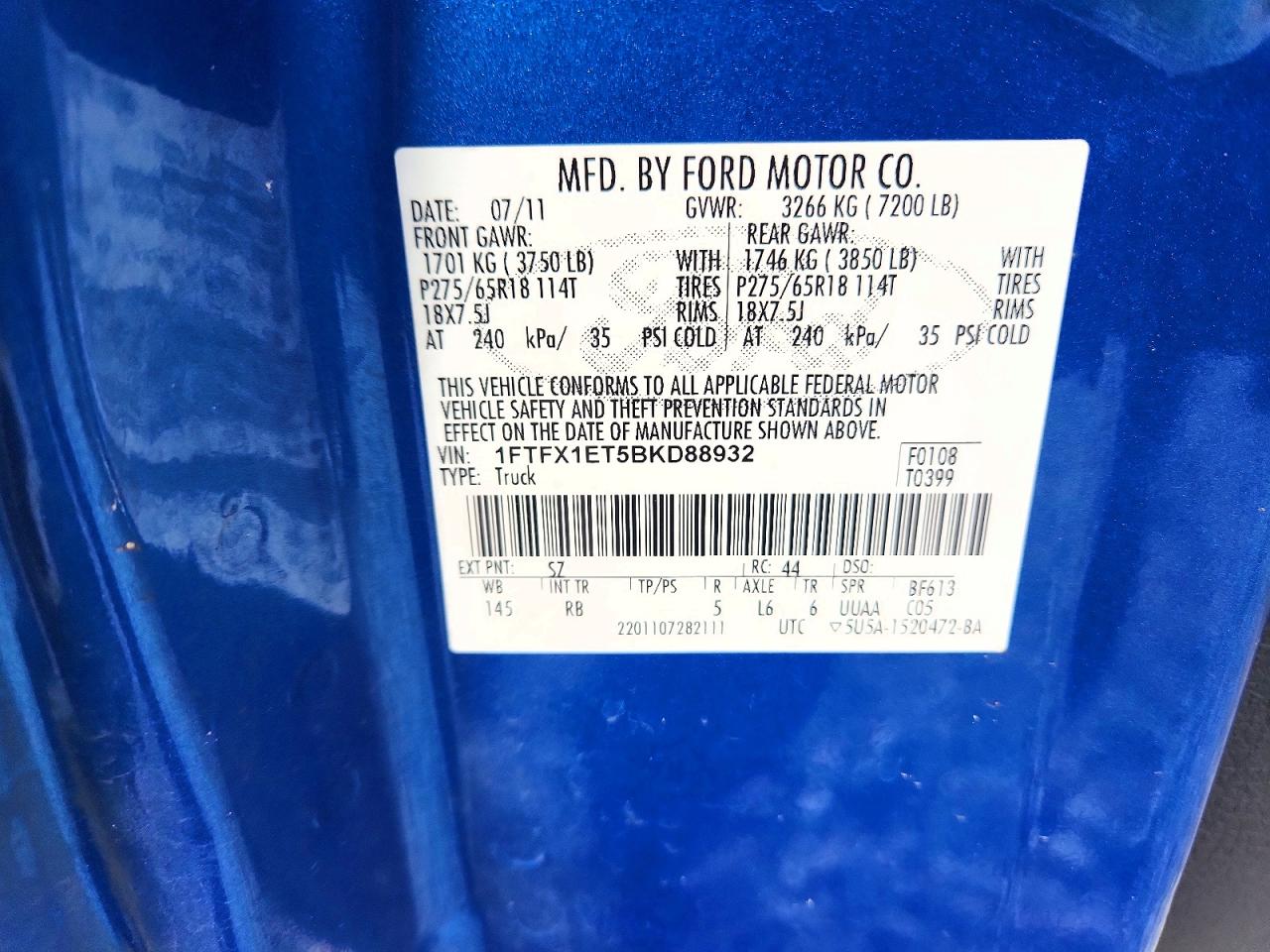2011 Ford F150 Super Cab Blue vin: 1FTFX1ET5BKD88932