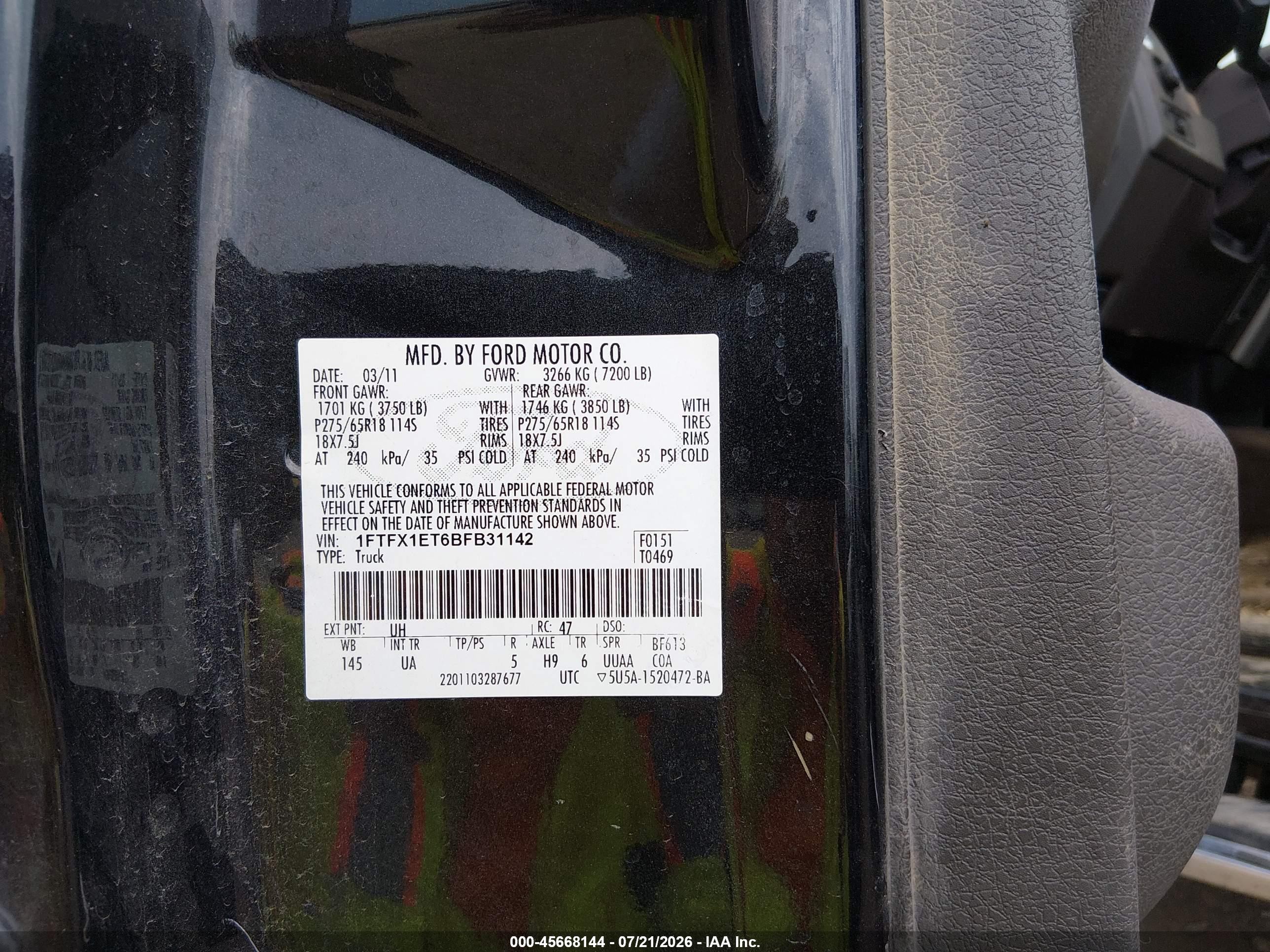 2011 Ford F-150 Xlt Black vin: 1FTFX1ET6BFB31142