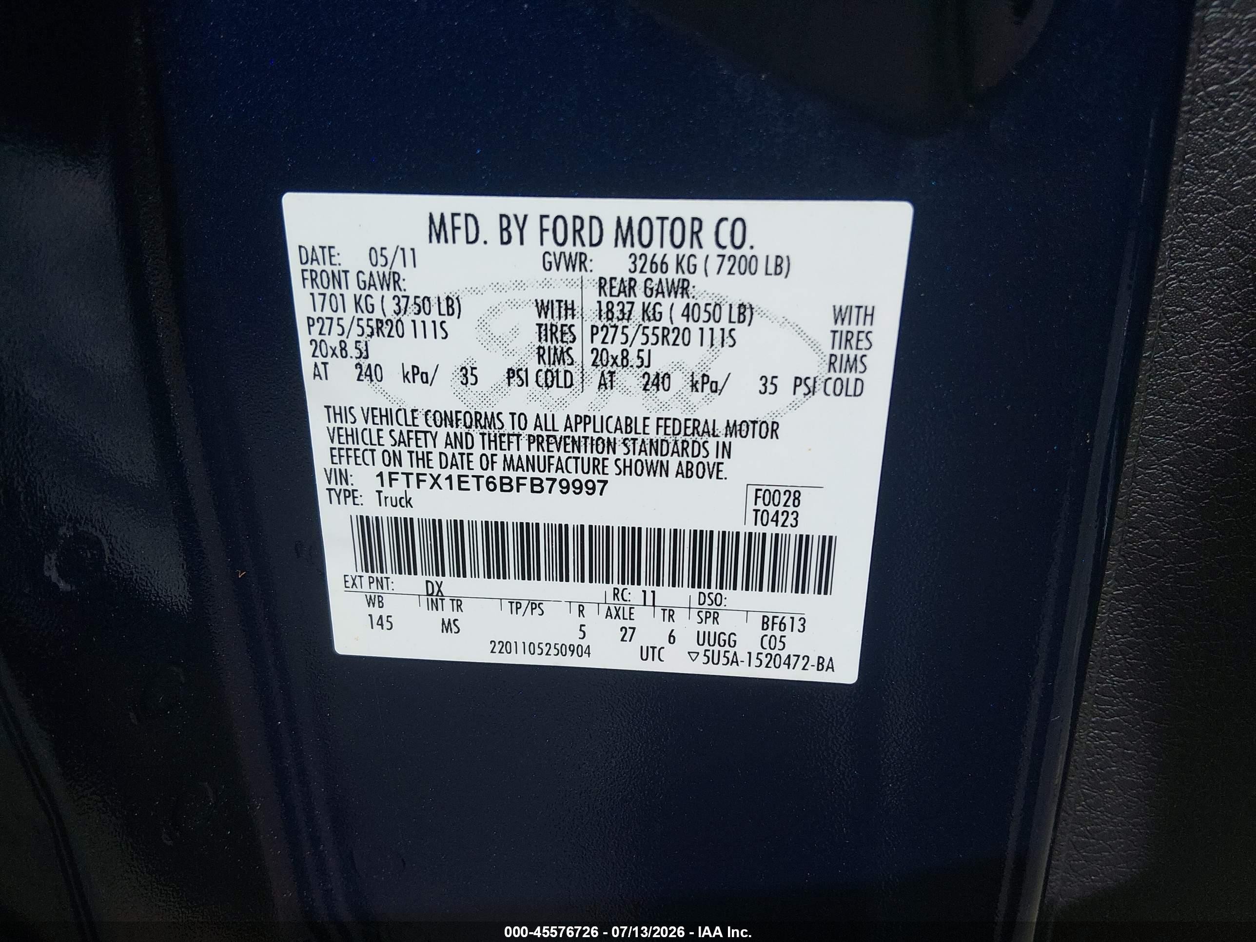 2011 Ford F-150 Xlt Blue vin: 1FTFX1ET6BFB79997