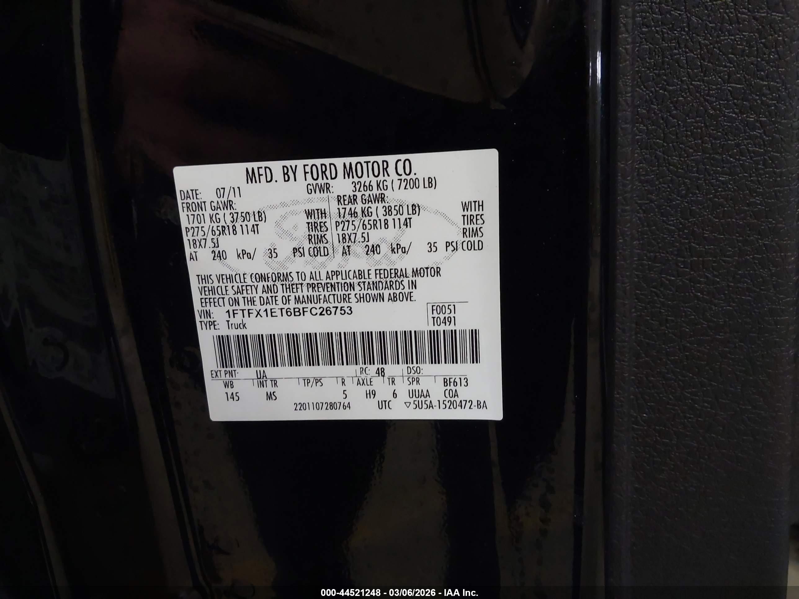2011 Ford F-150 Xlt Black vin: 1FTFX1ET6BFC26753