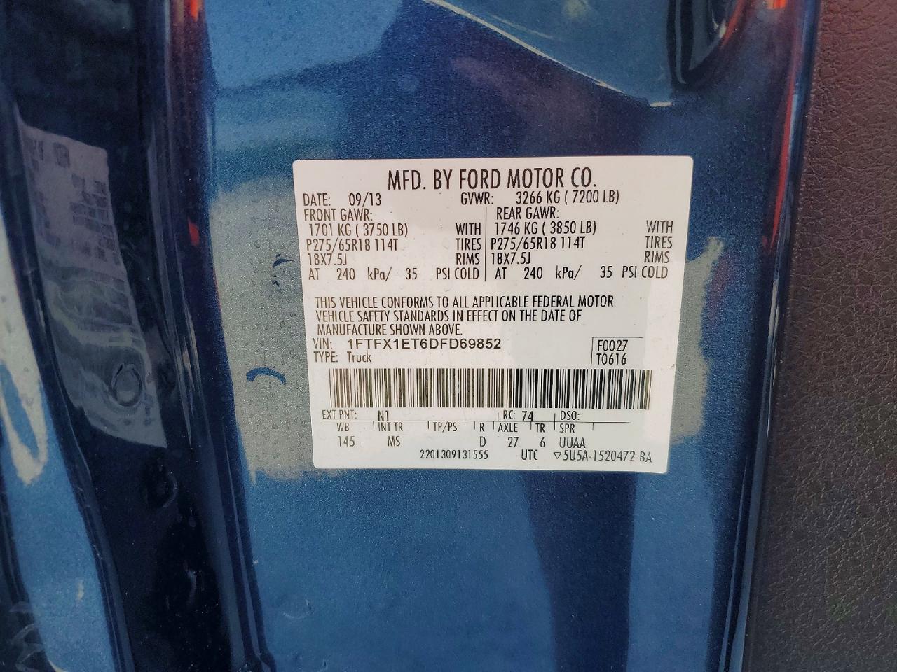 2013 Ford F150 Super Cab Blue vin: 1FTFX1ET6DFD69852