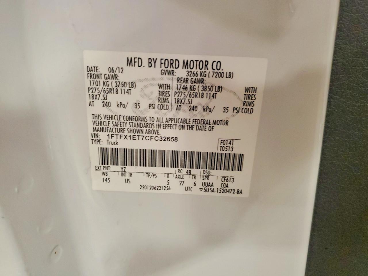 2012 Ford F150 Super Cab White vin: 1FTFX1ET7CFC32658