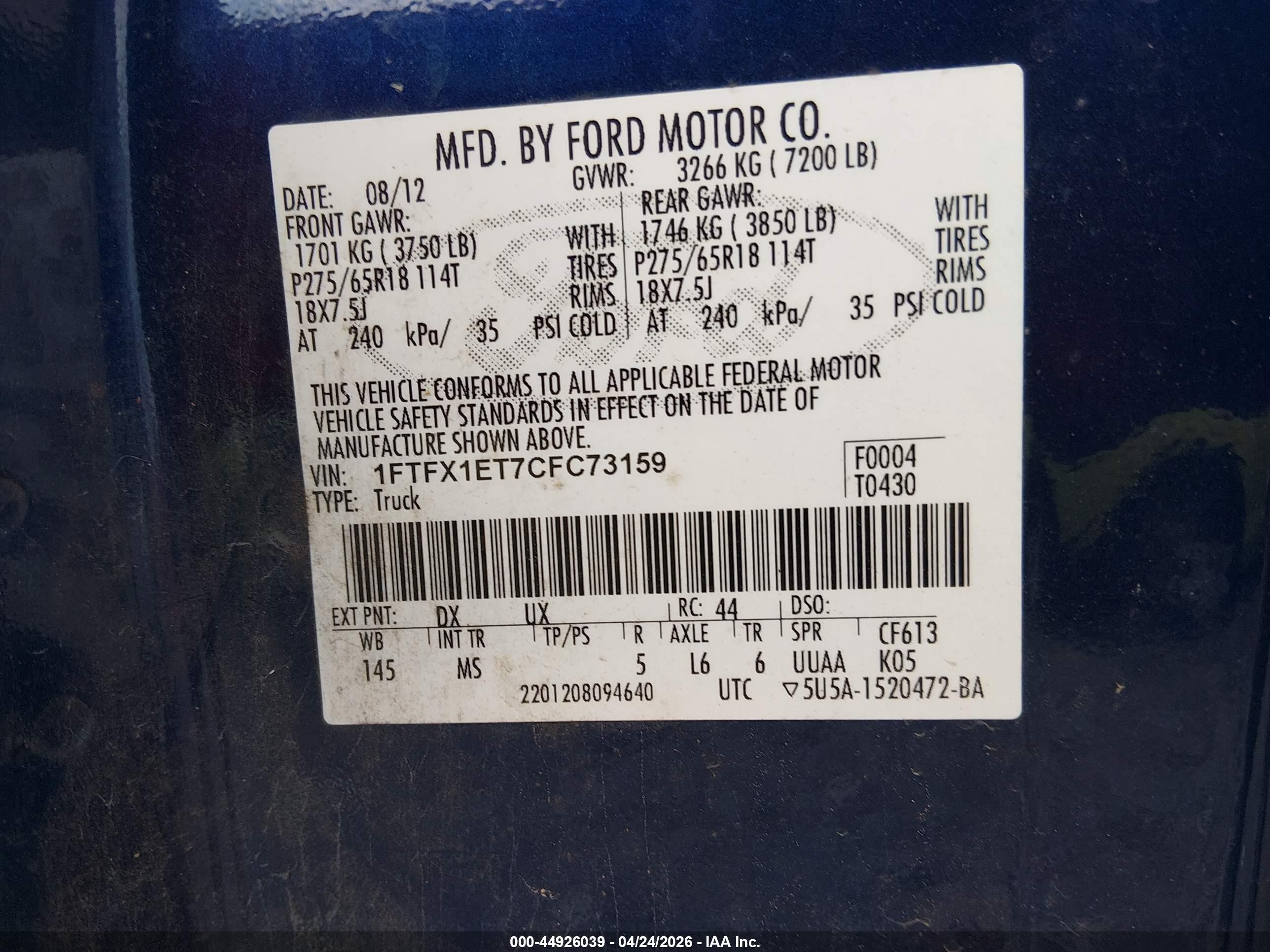 2012 Ford F-150 Xlt Blue vin: 1FTFX1ET7CFC73159