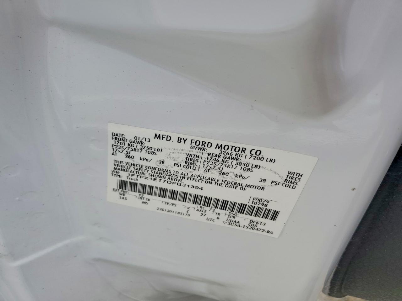 2013 Ford F150 Super Cab White vin: 1FTFX1ET7DFB31394