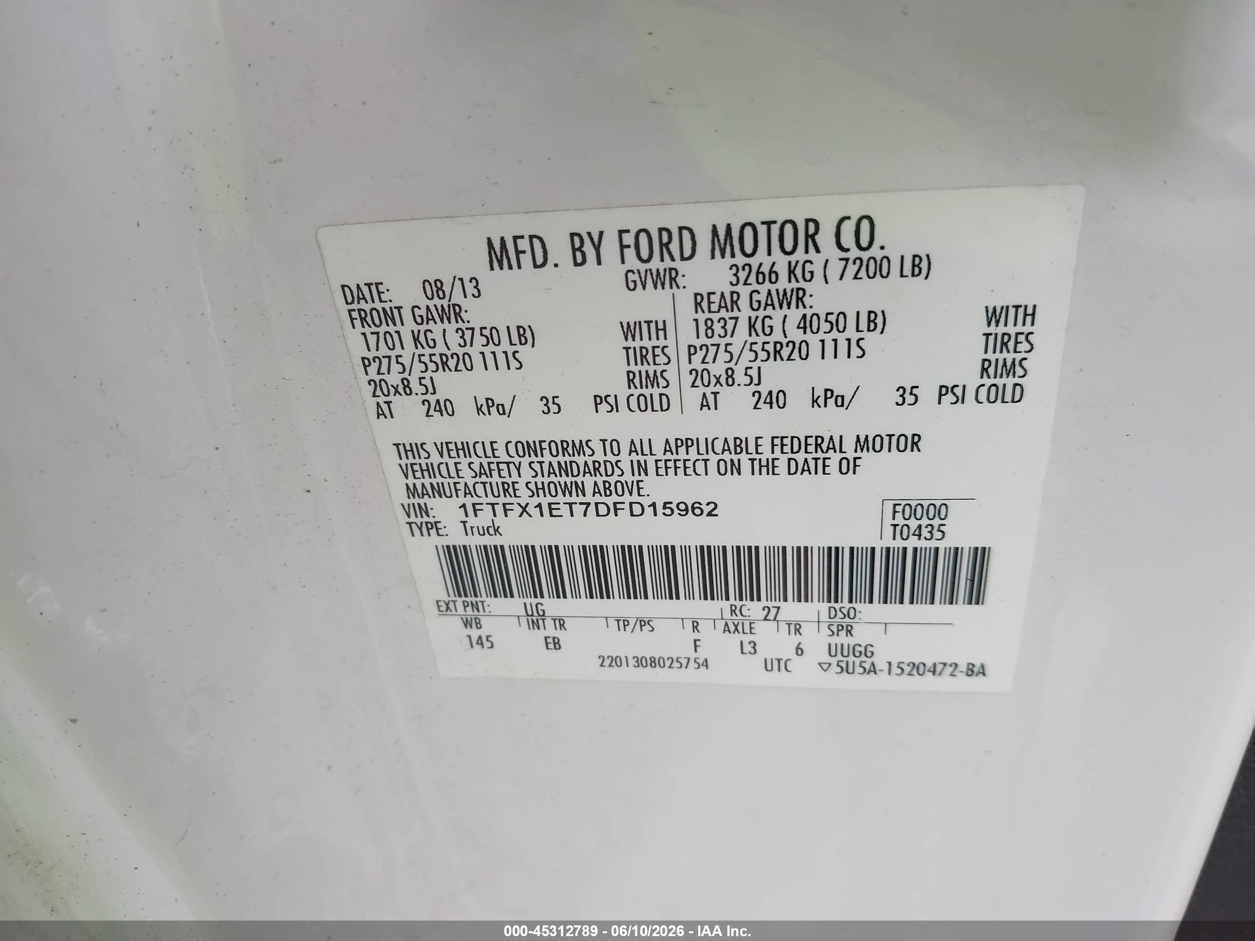 2013 Ford F-150 Lariat White vin: 1FTFX1ET7DFD15962