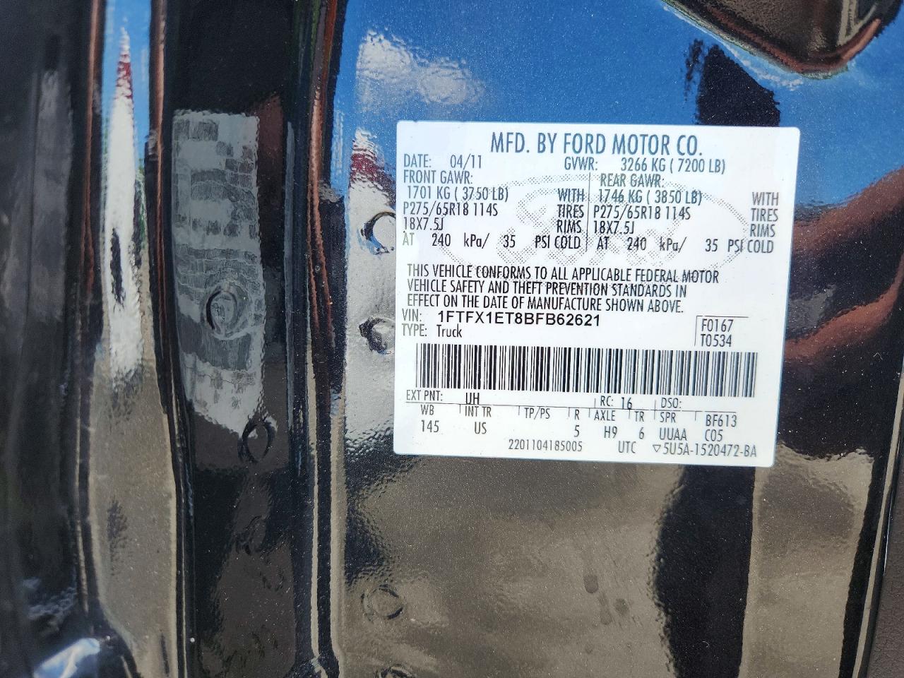 2011 Ford F150 Super Cab Black vin: 1FTFX1ET8BFB62621