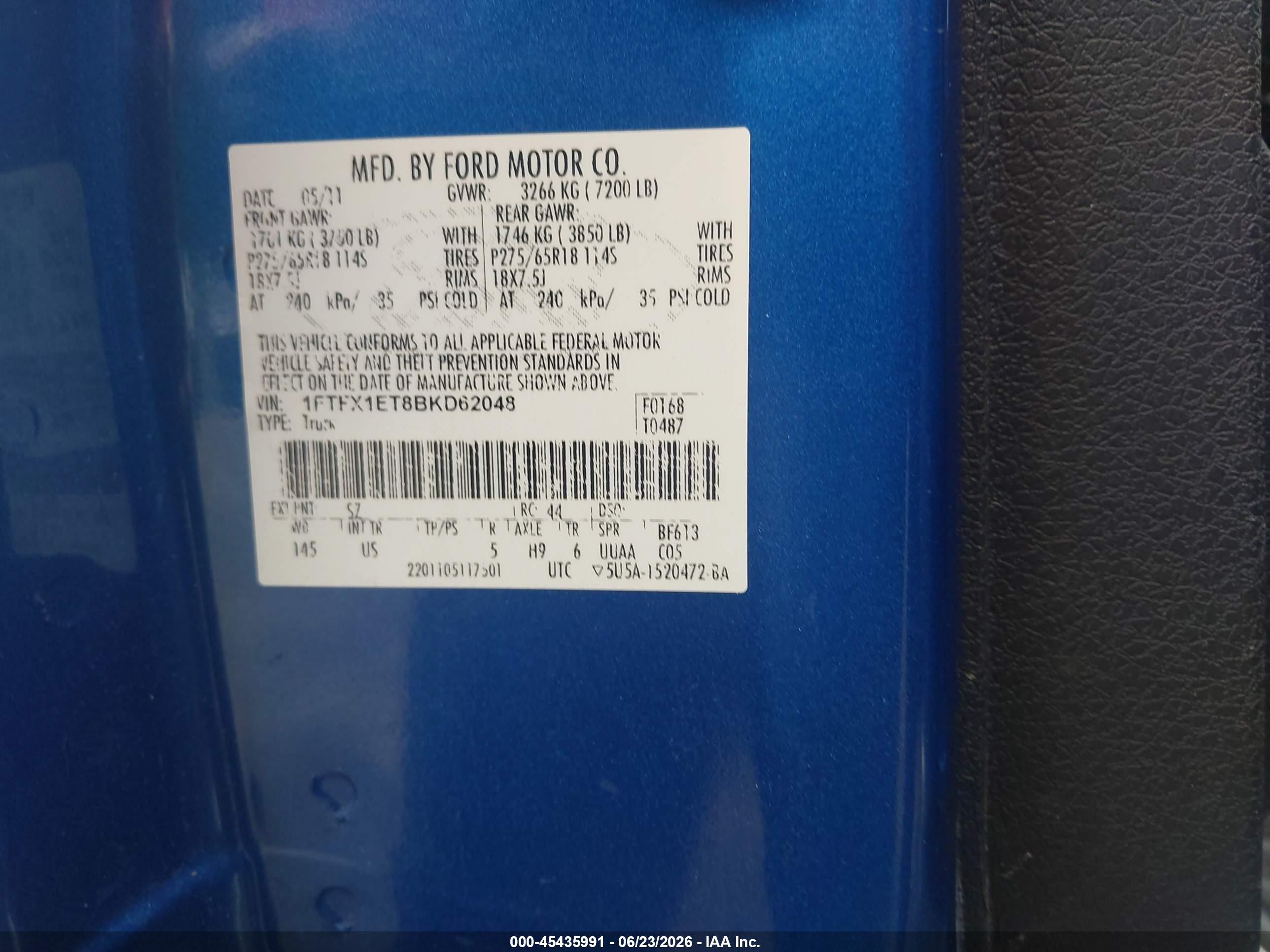 2011 Ford F-150   Blue vin: 1FTFX1ET8BKD62048