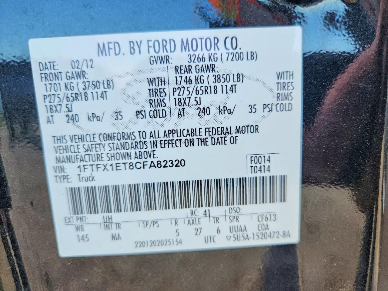 2012 Ford F150 Super Cab Black vin: 1FTFX1ET8CFA82320