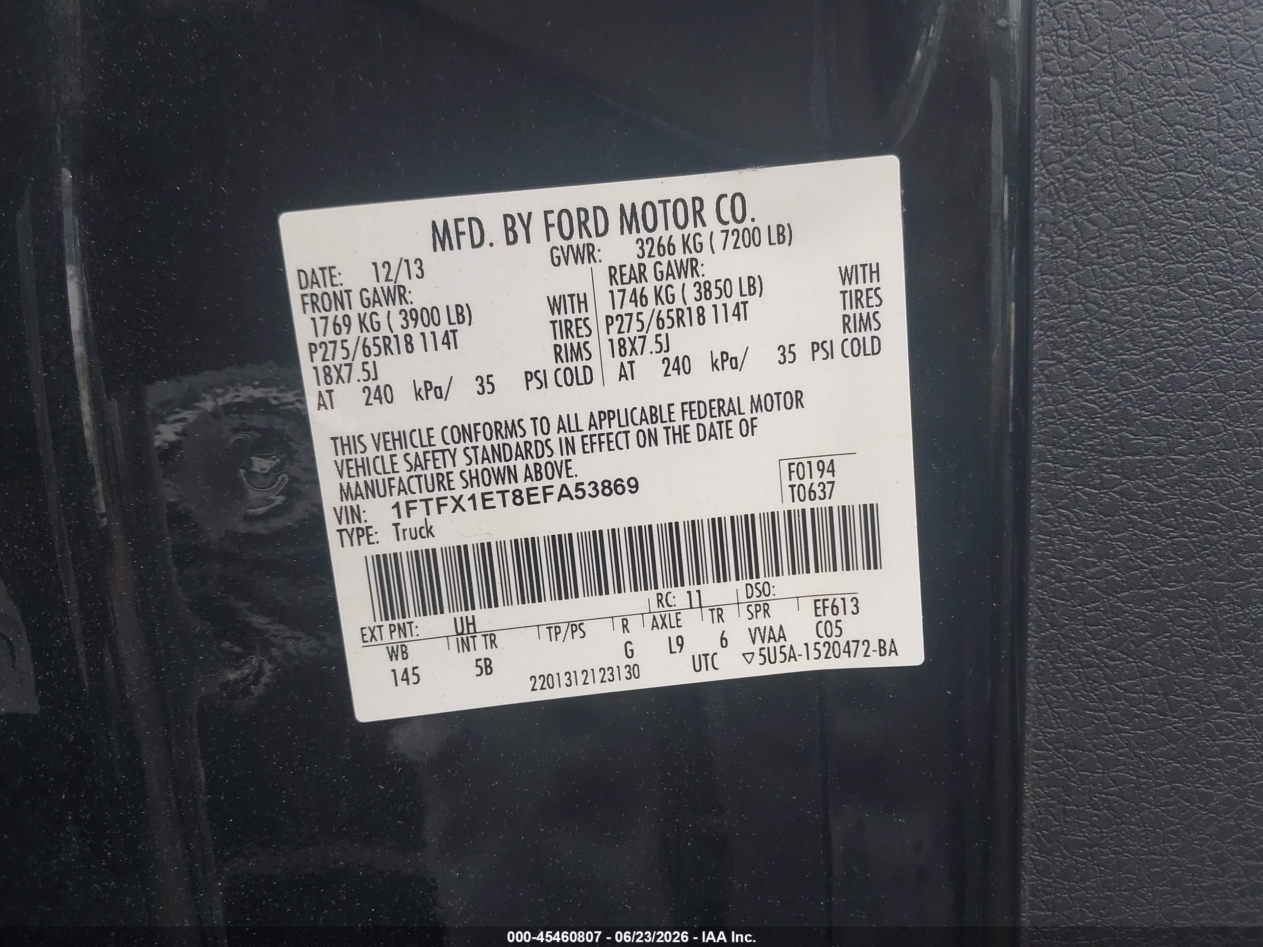 2014 Ford F-150 Fx4/lariat/xl/xlt Black vin: 1FTFX1ET8EFA53869