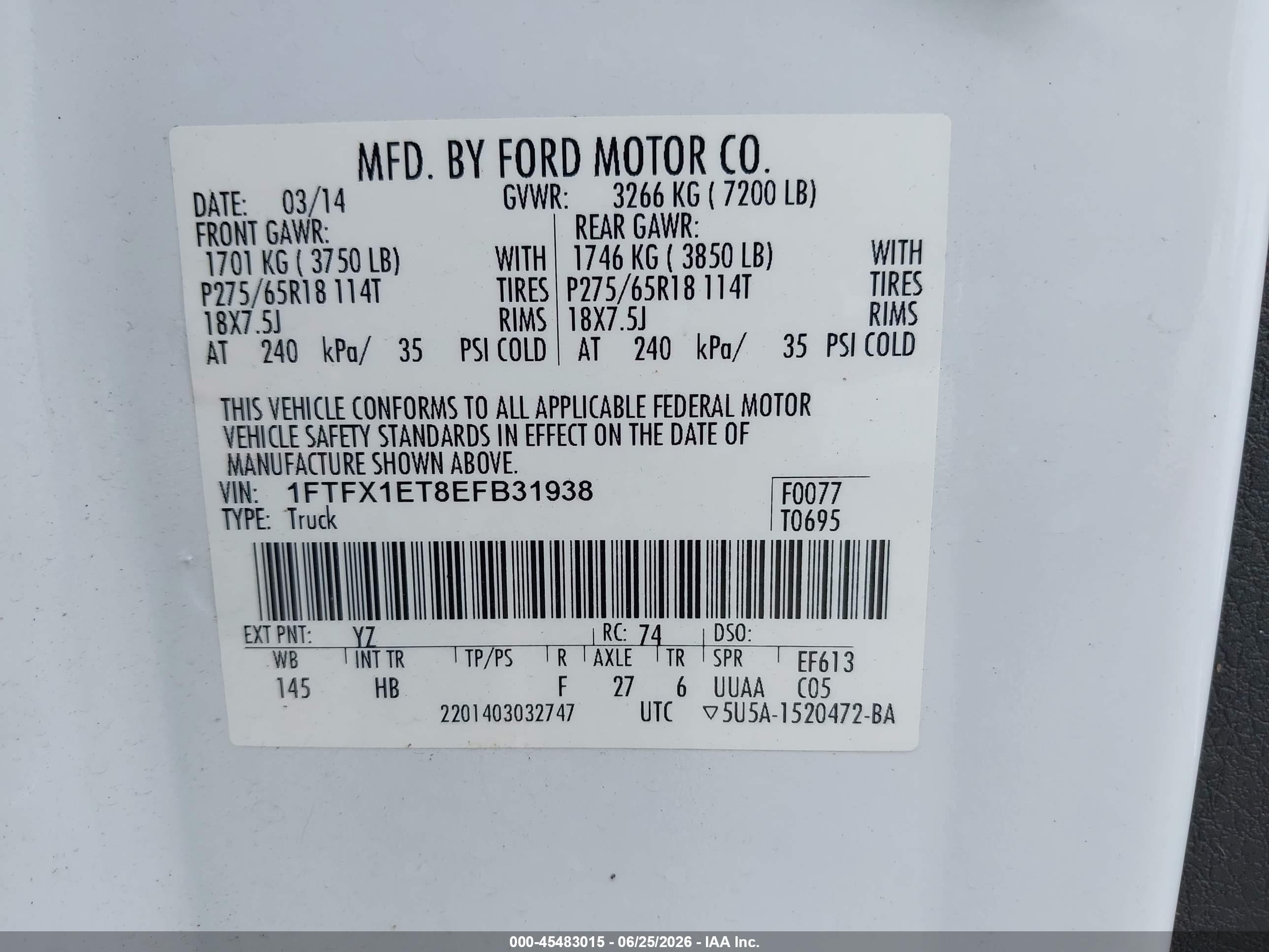 2014 Ford F-150 Lariat White vin: 1FTFX1ET8EFB31938