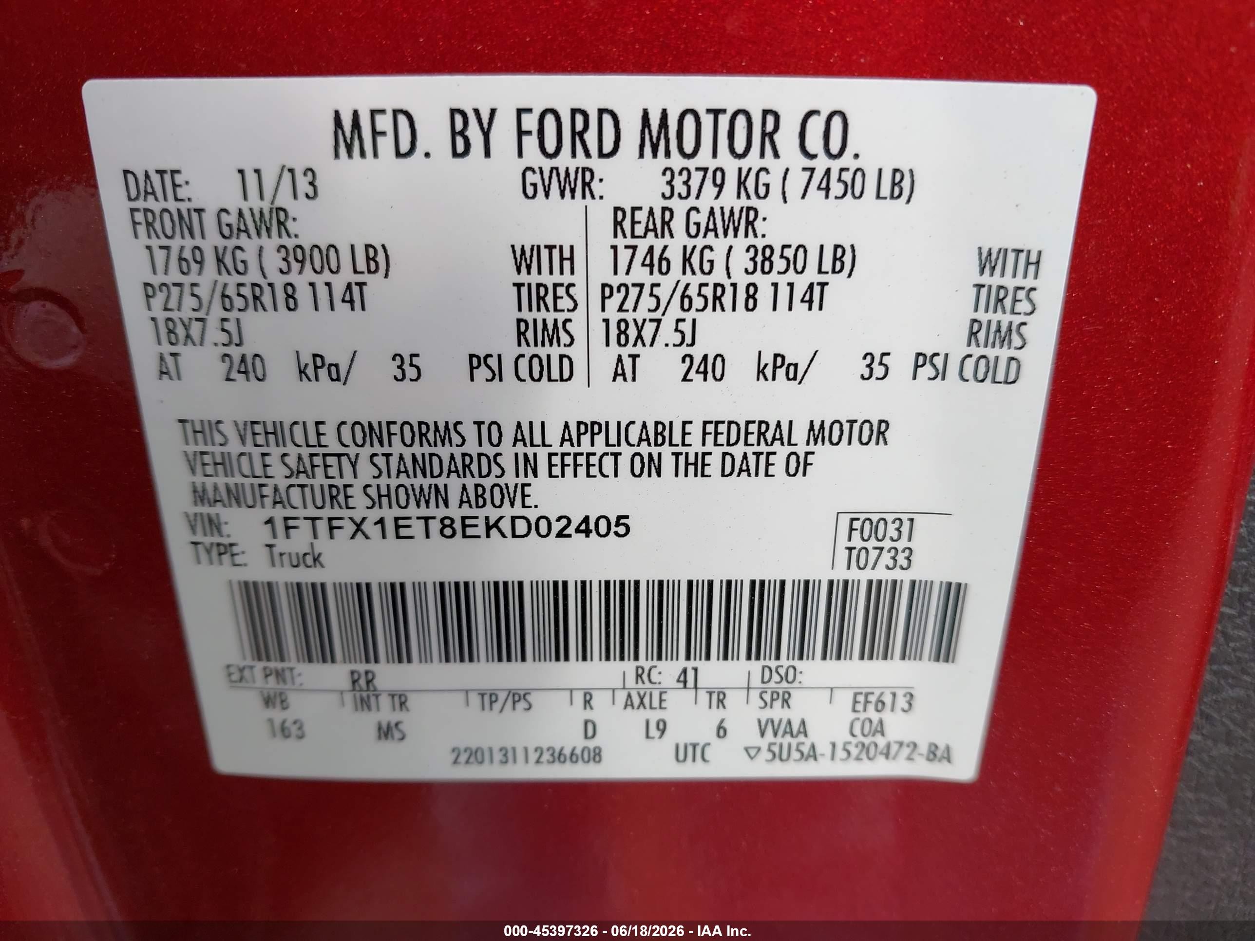 2014 Ford F-150 Fx4/lariat/xl/xlt Maroon vin: 1FTFX1ET8EKD02405