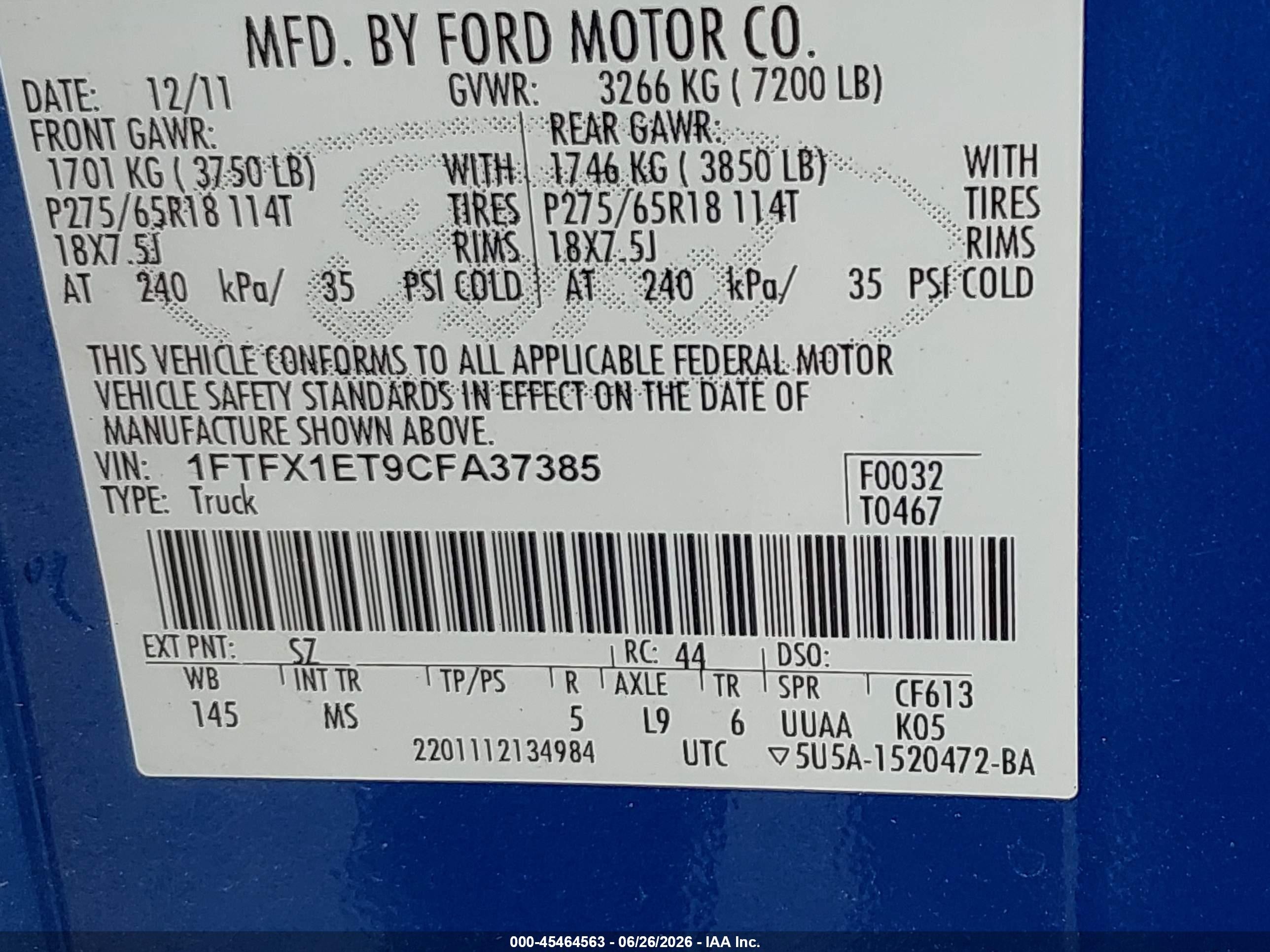 2012 Ford F-150 Fx4/lariat/xl/xlt Blue vin: 1FTFX1ET9CFA37385