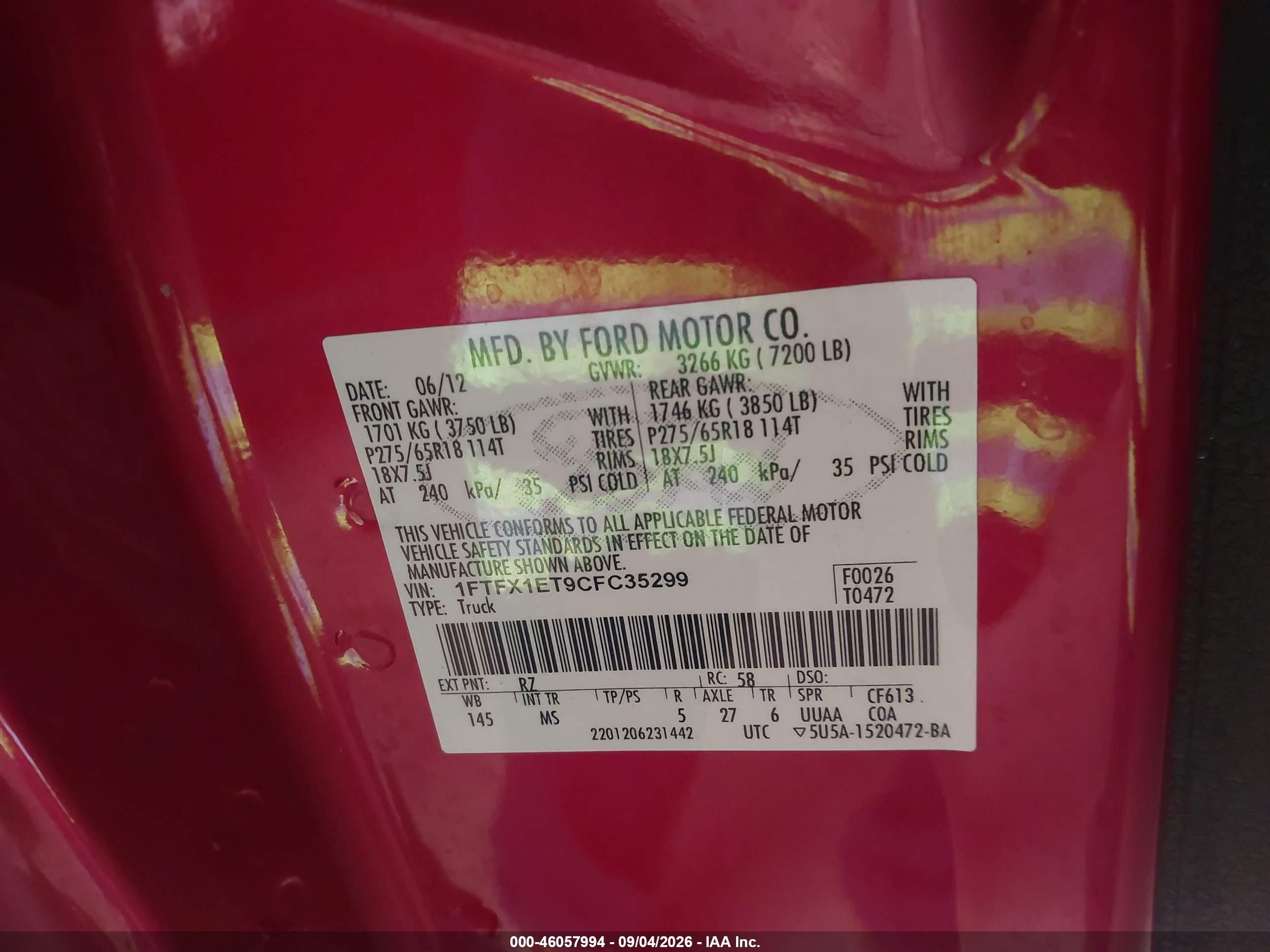 2012 Ford F-150 Xlt Red vin: 1FTFX1ET9CFC35299