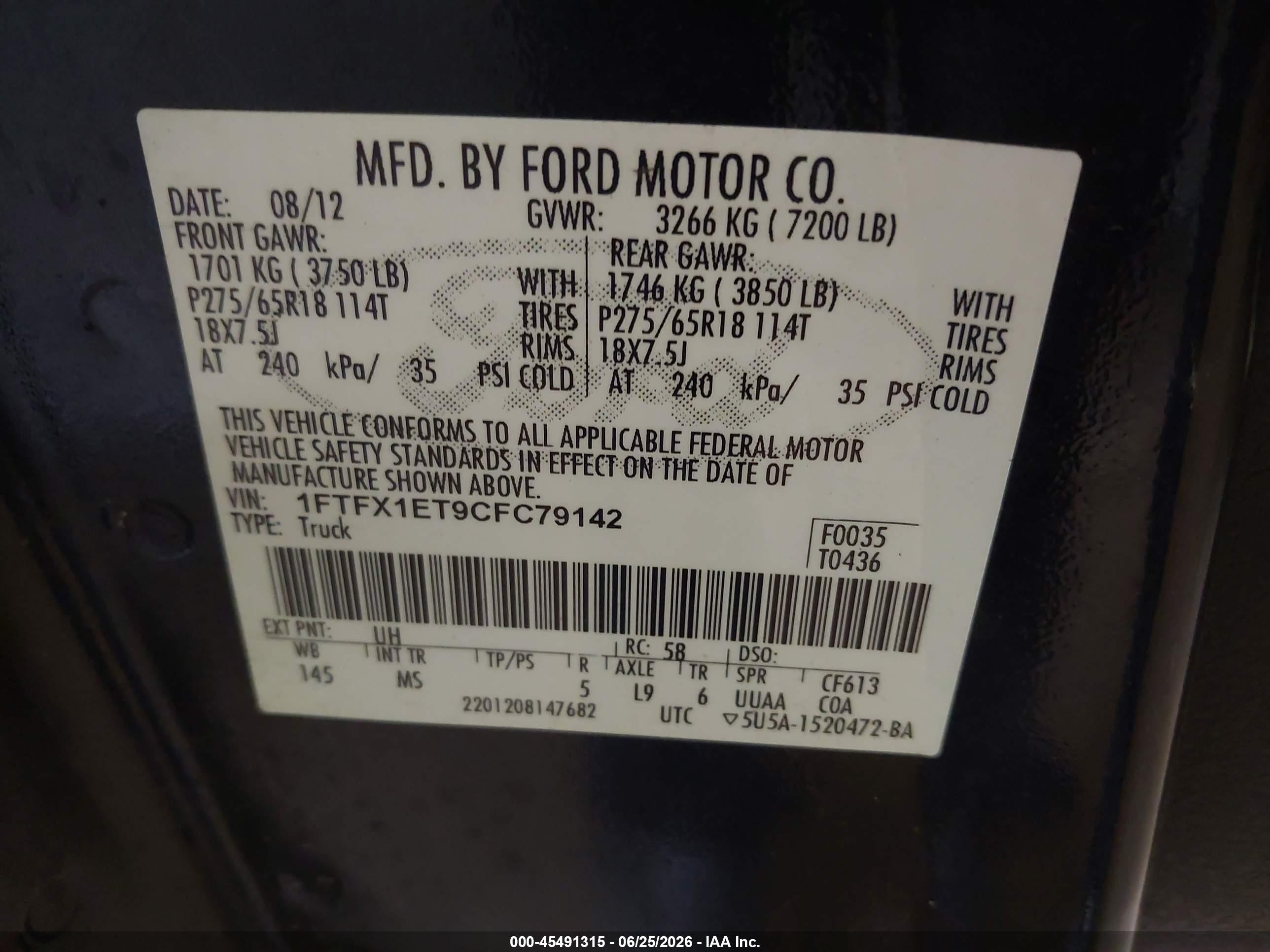 2012 Ford F-150 Fx4/lariat/xl/xlt Black vin: 1FTFX1ET9CFC79142