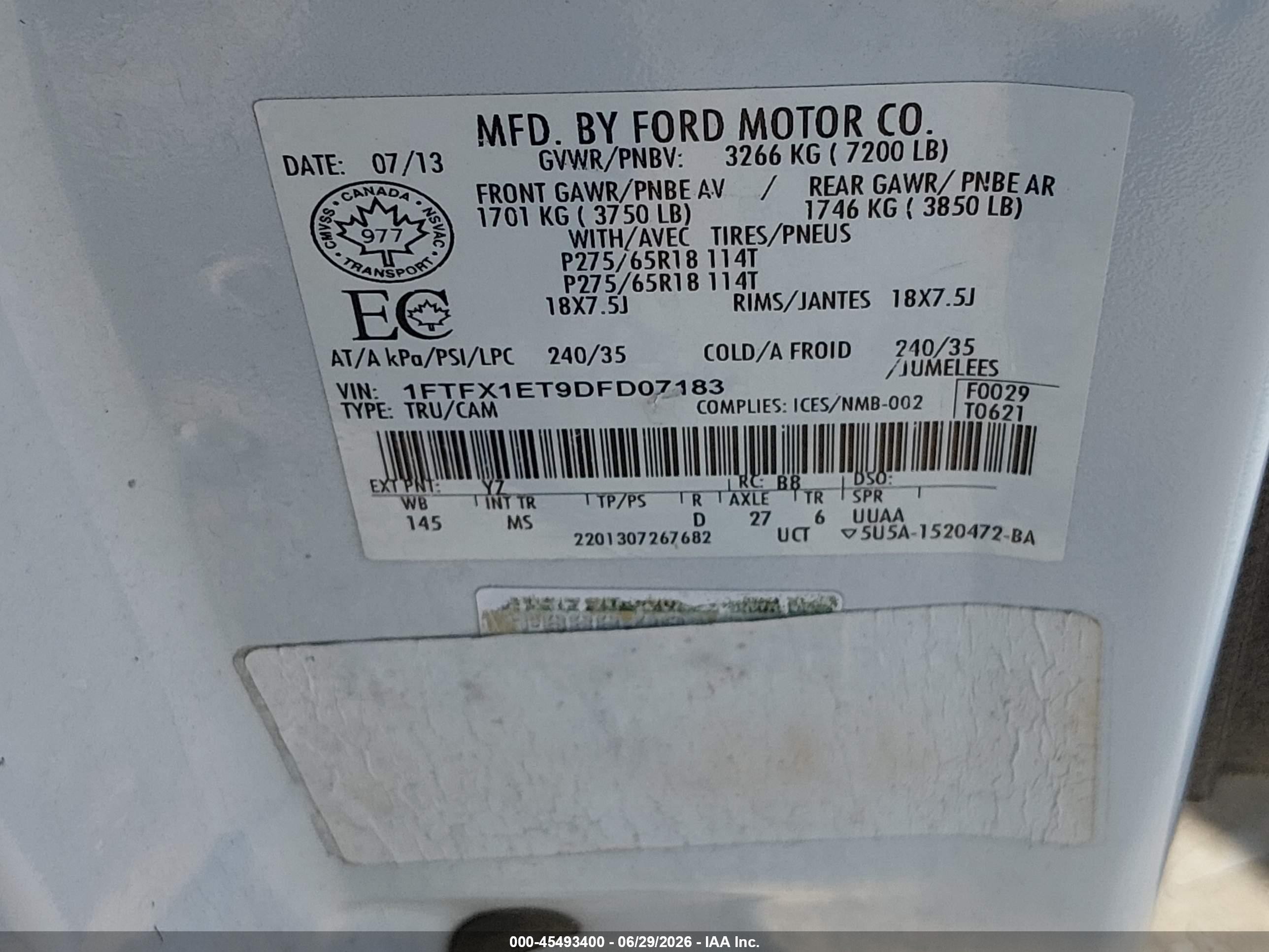 2013 Ford F-150 Fx4/lariat/xl/xlt White vin: 1FTFX1ET9DFD07183