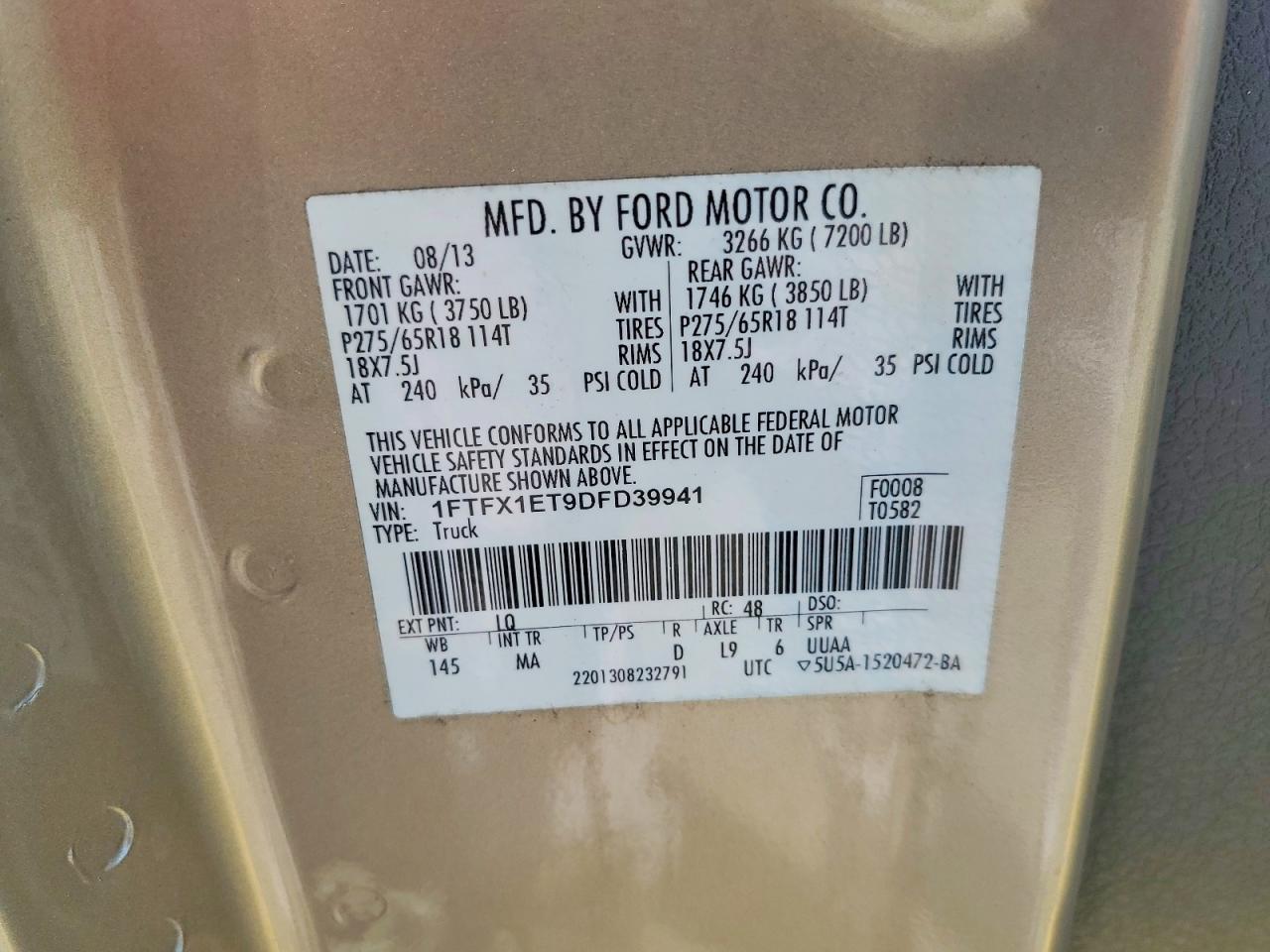 2013 Ford F150 Super Cab Gold vin: 1FTFX1ET9DFD39941