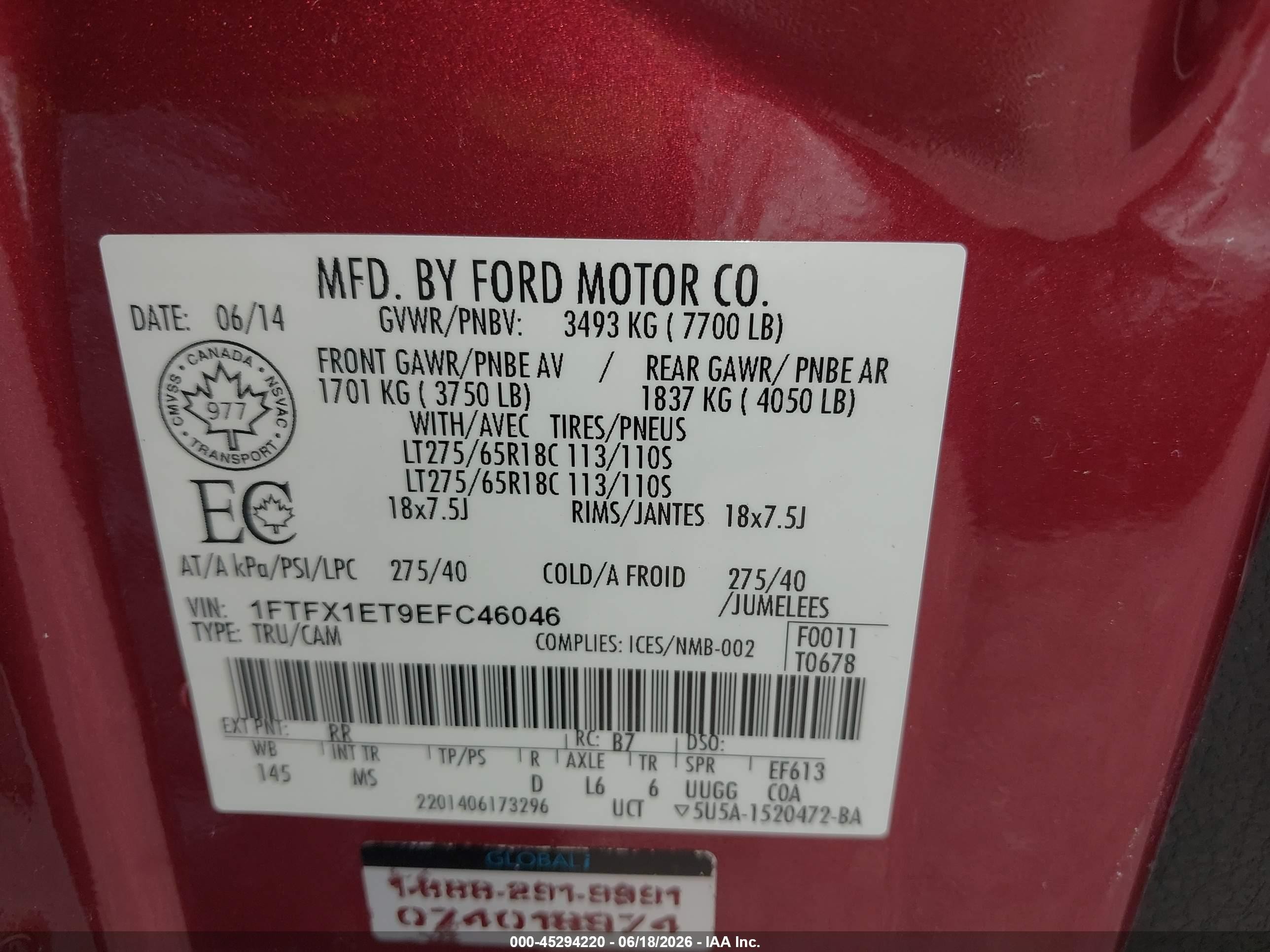 2014 Ford F-150 Xlt Red vin: 1FTFX1ET9EFC46046