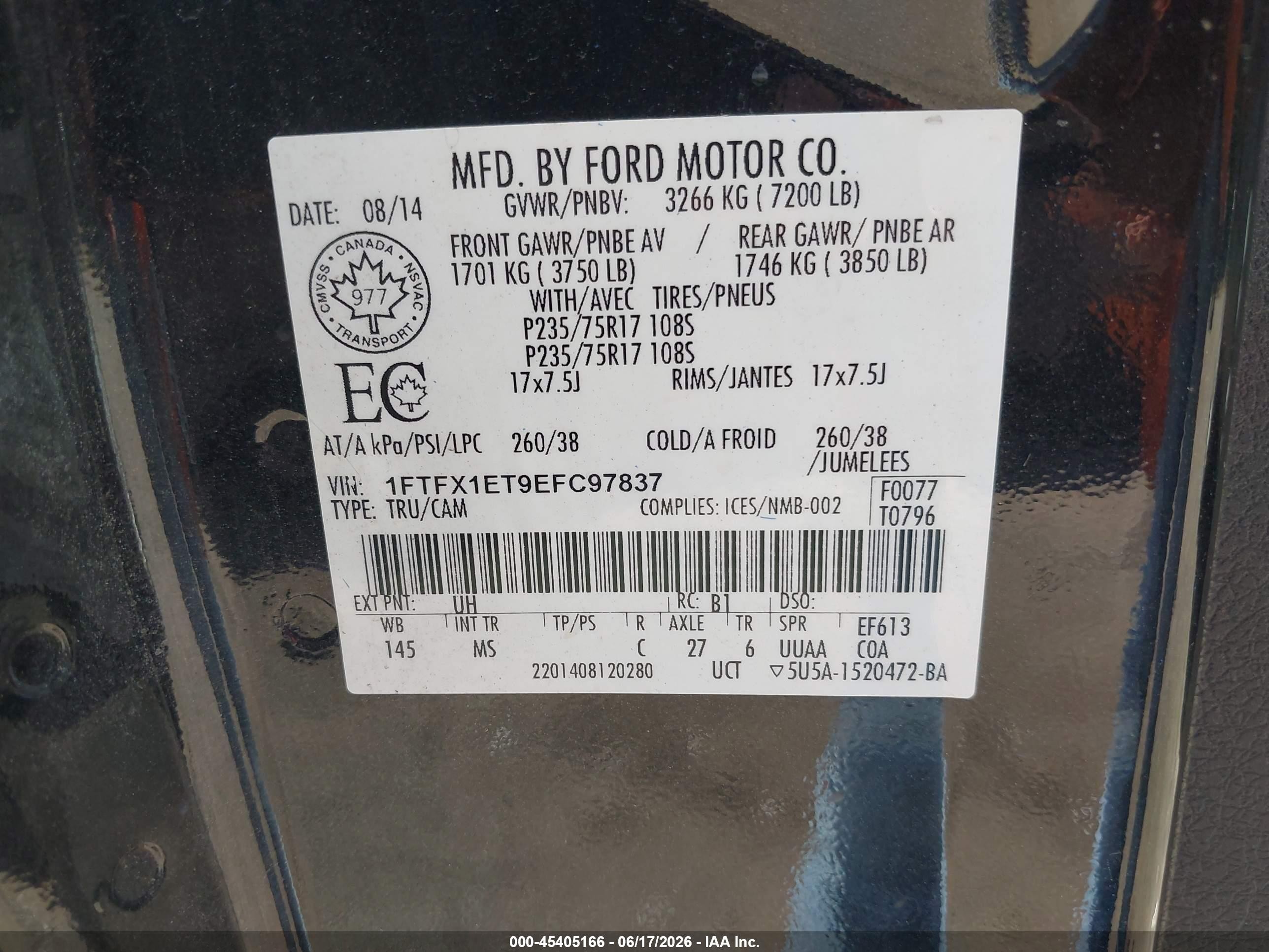 2014 Ford F-150 Fx4/lariat/xl/xlt Black vin: 1FTFX1ET9EFC97837
