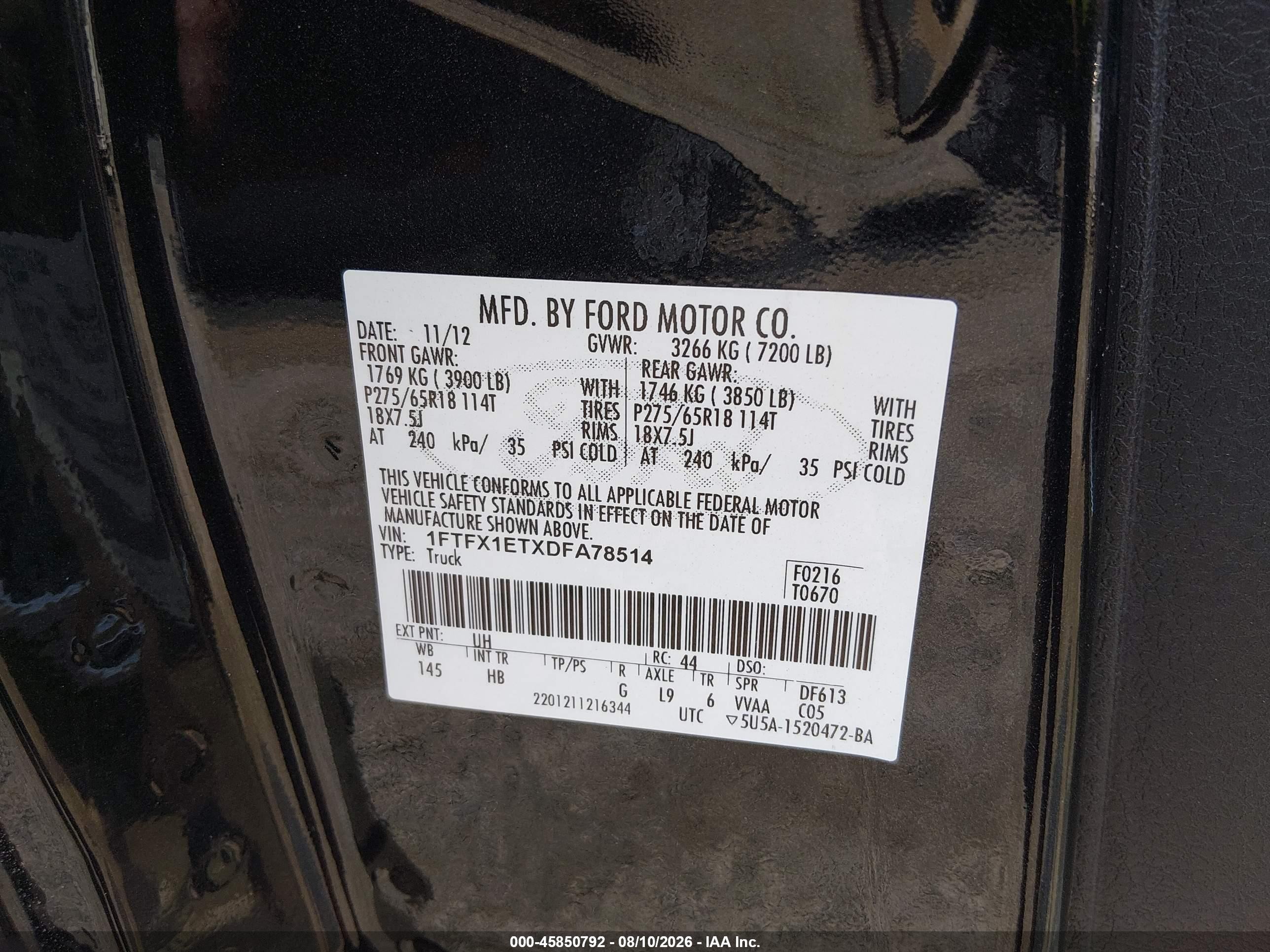 2013 Ford F-150 Lariat Black vin: 1FTFX1ETXDFA78514