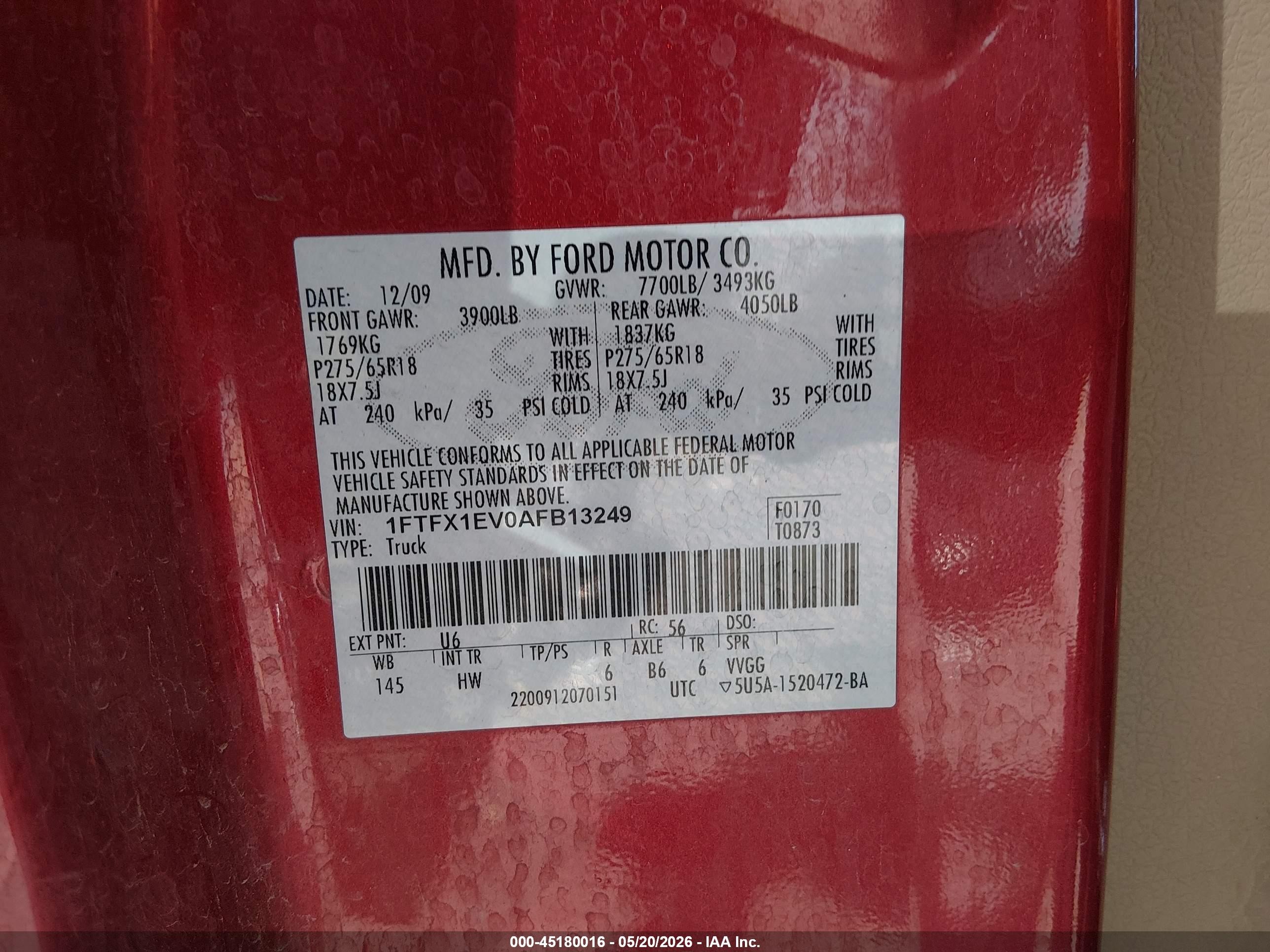2010 Ford F-150 Fx4/lariat/xl/xlt Red vin: 1FTFX1EV0AFB13249
